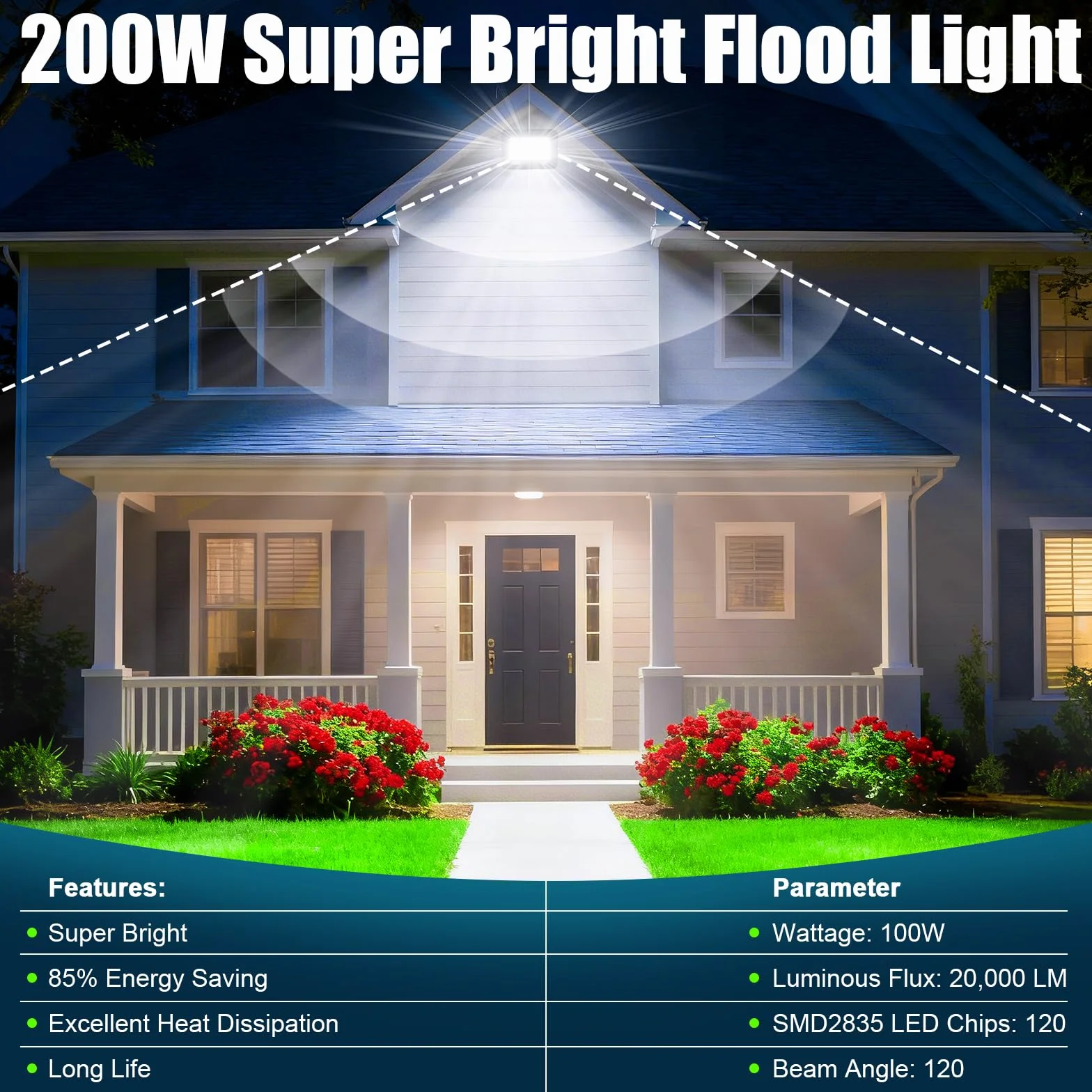 200W Faretto LED da Esterno, 20000LM Faretti LED per Esterni, Super 6500K Luce Bianca Fredda, IP65 Impermeabile Faretto da esterno per Veranda,Cortili,Parcheggio,Garage,Parco,Giardino
