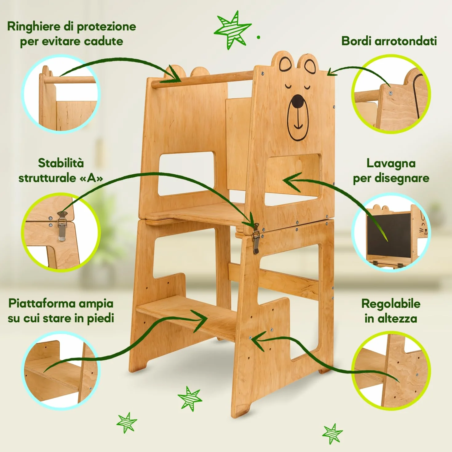 Torre Montessoriana 3-in-1 in Legno Naturale per Bambini da 1 Anno con Lavagna, Tavolo e Sedia, Sgabello Cucina e Bagno