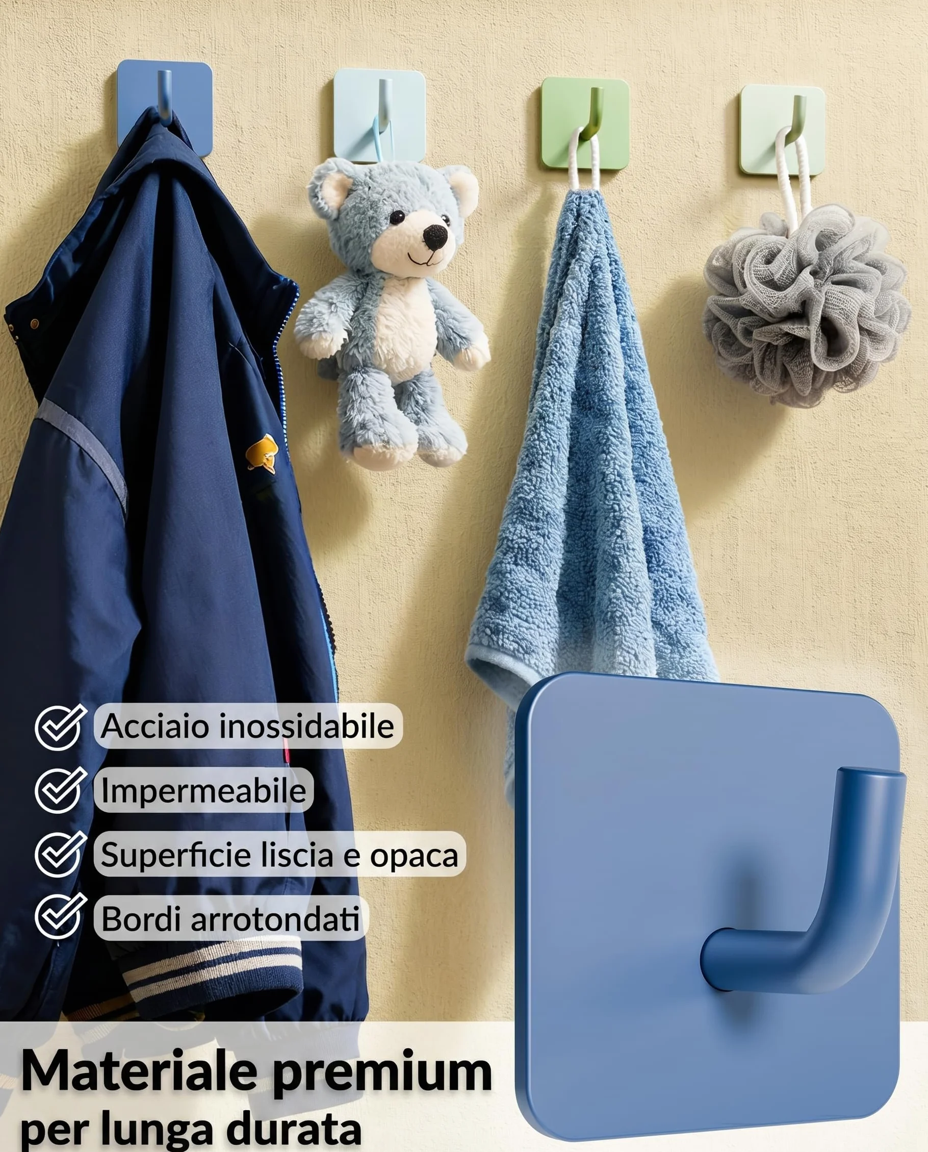 DEKAZIA Set di 4 ganci appendiabiti per bambini blu e verde adesivi da parete