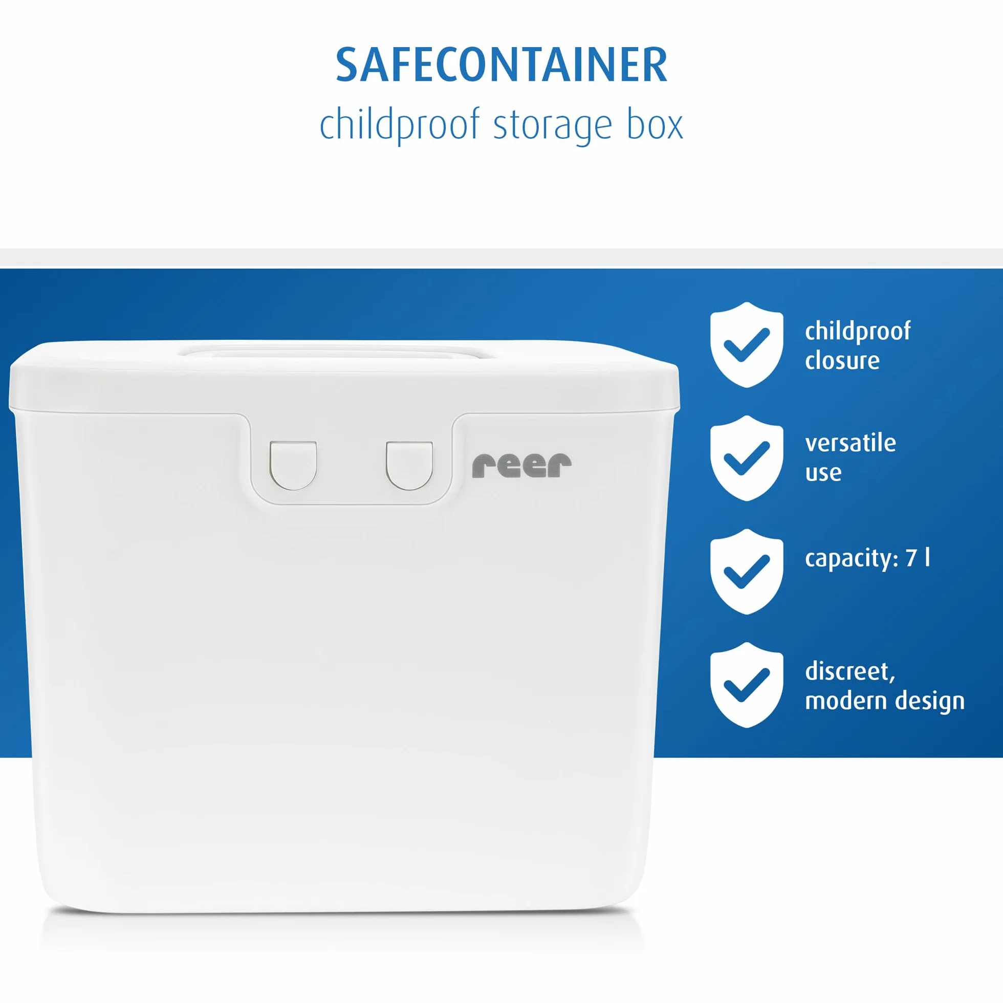 Reer SafeContainer Scatola portaoggetti protezione piccole parti pericolose chiusura sicura bambini antiscivolo