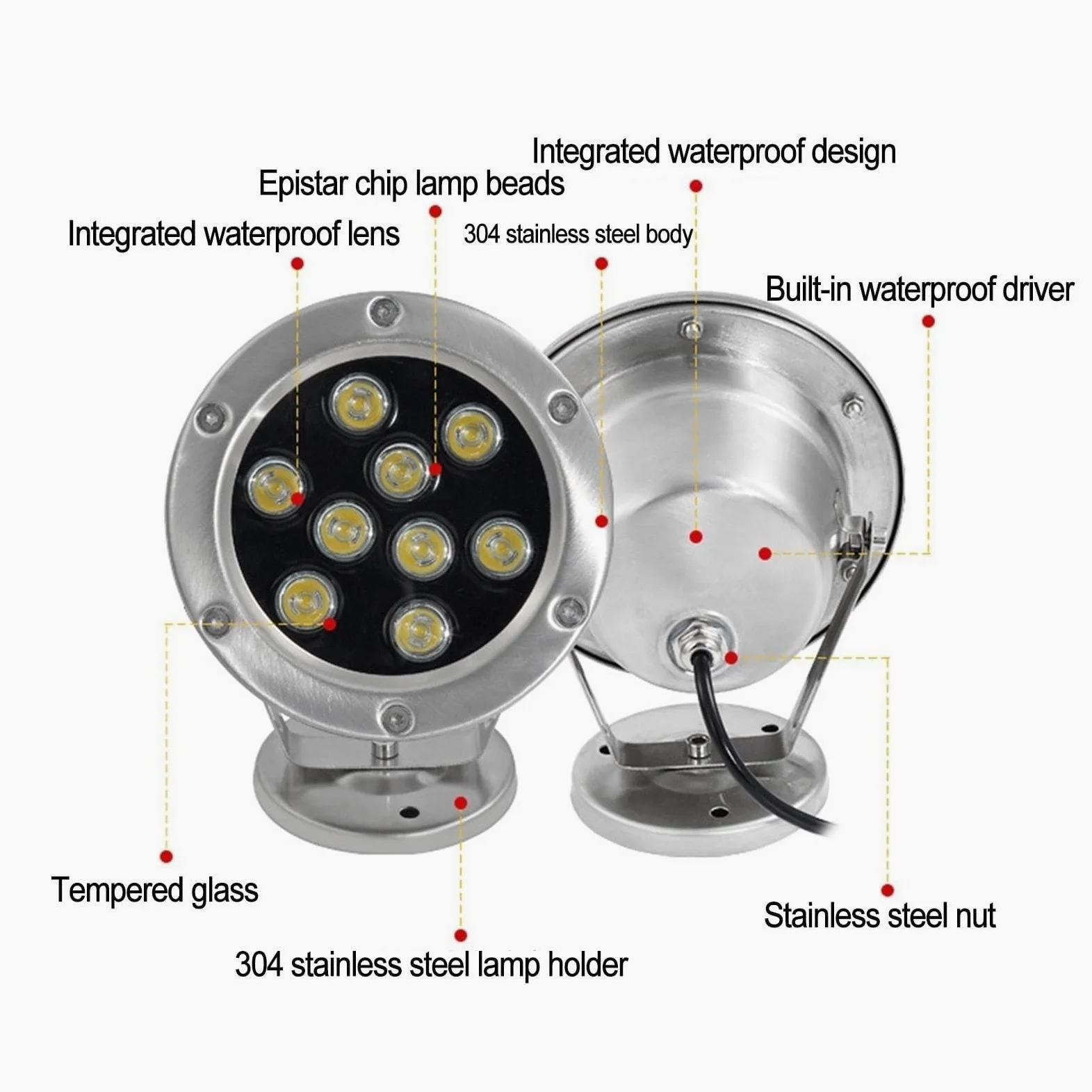 Luci A LED Subacquee per Laghetto Ideali per Esterni Giardino Feste Fontane Orientabili 24V Acciaio Inossidabile Ip68 Luce Blu 6W/Bianca Calda 15W