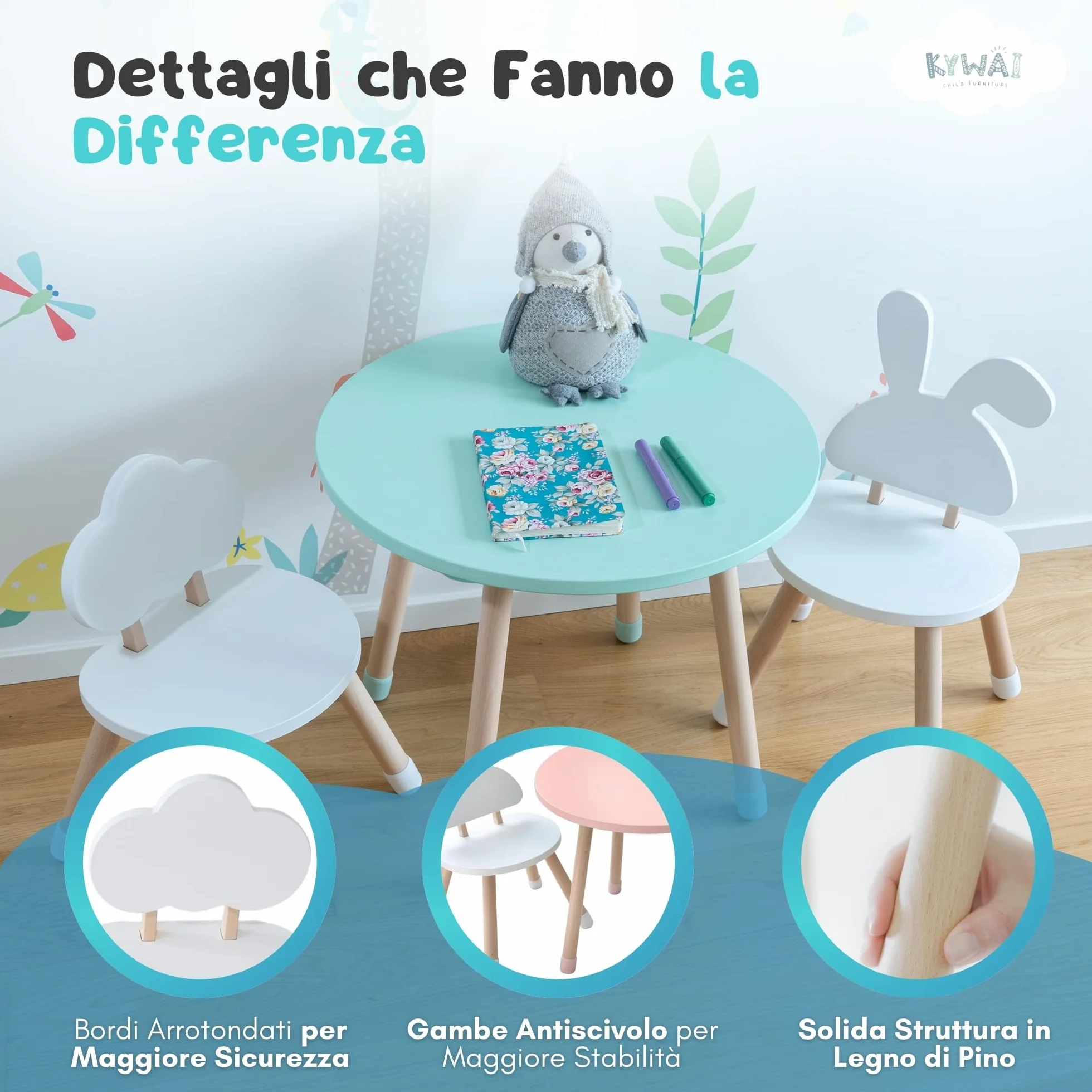 Tavolino Bambini con 2 Sedie in Legno di Pino - Tavolo e Sedie per Bambini