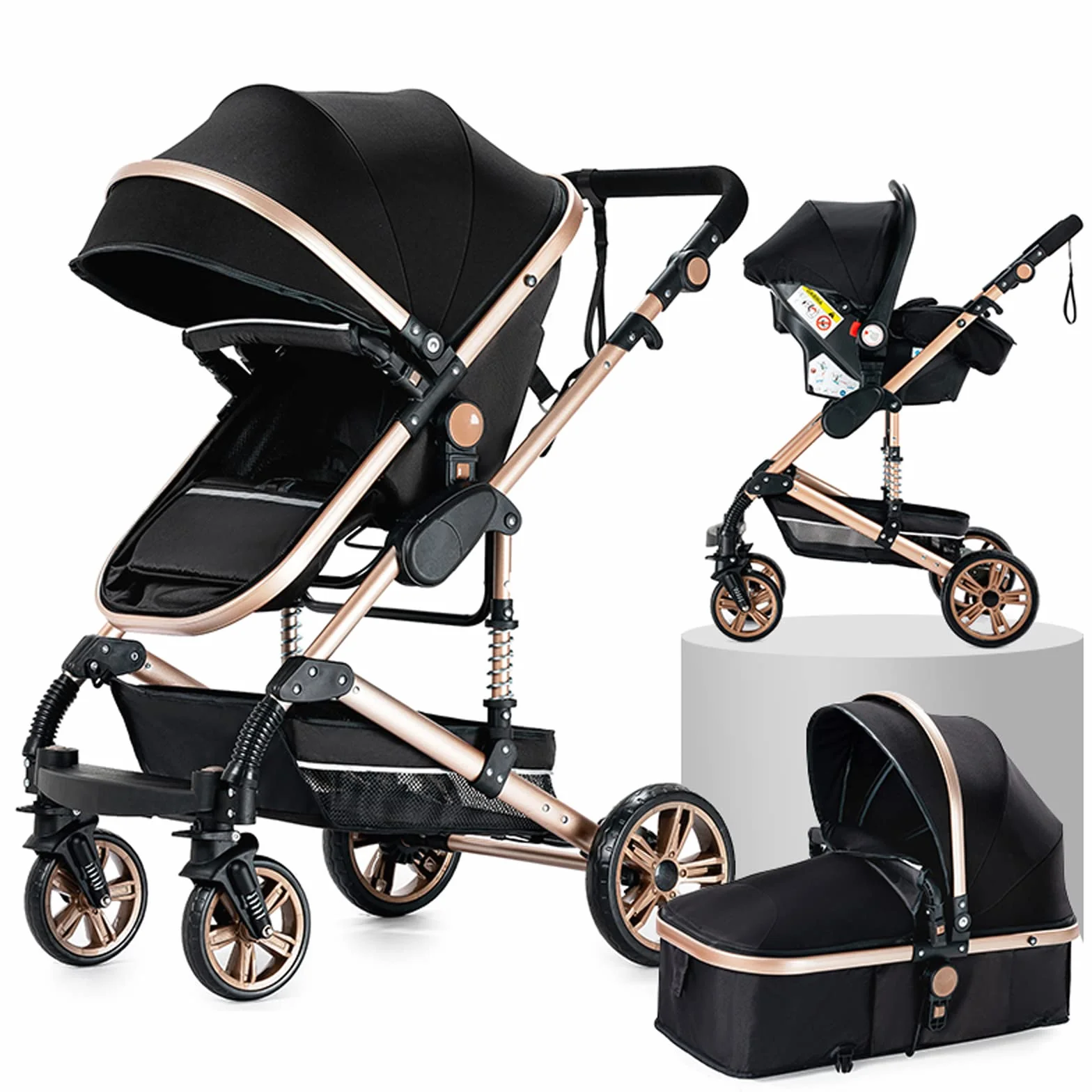 Passeggino 3 in 1 Triciclo Girello Passeggino Alto Paesaggio Pieghevole Carrozzina Bambini 0-36 Mesi Nero Oro