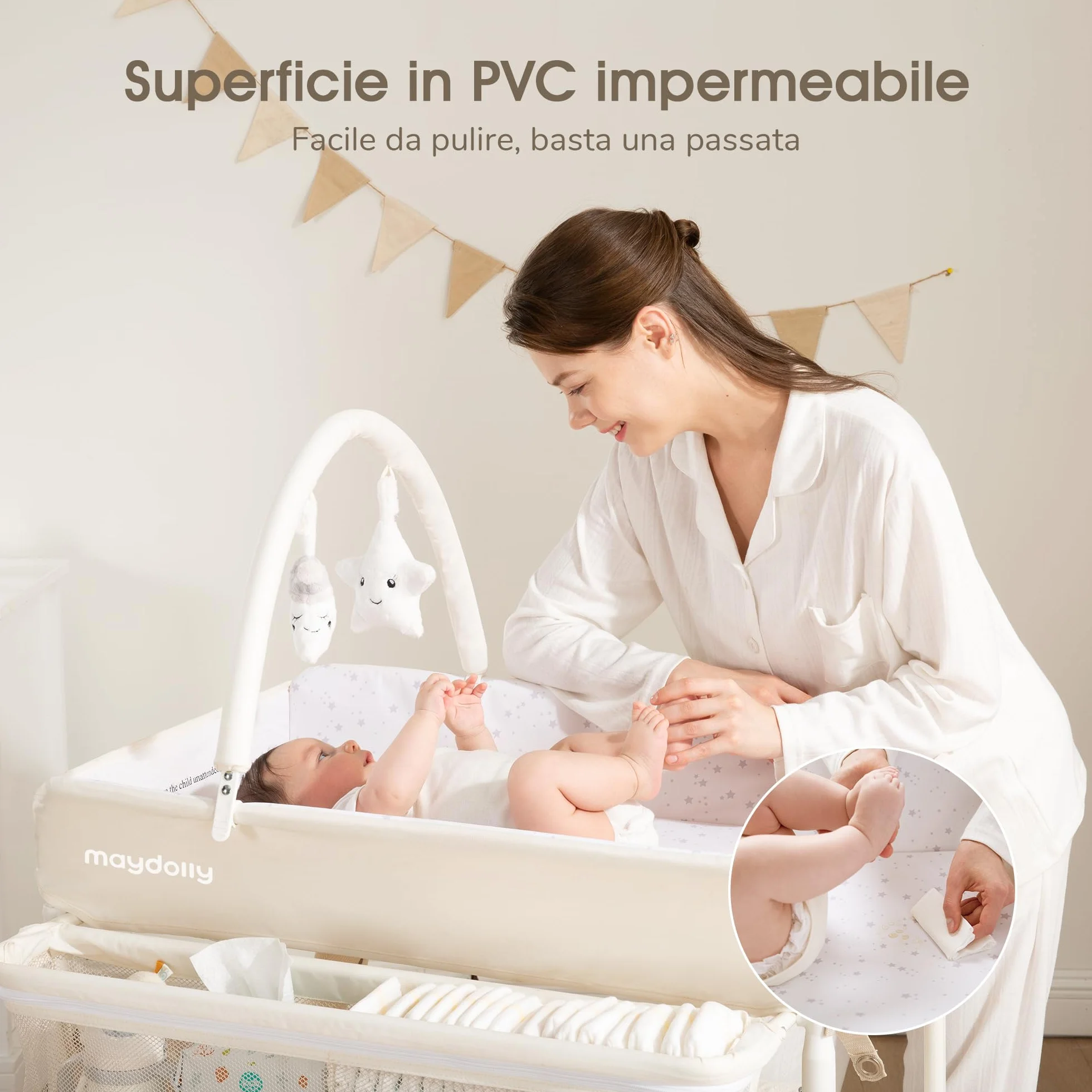 Maydolly Fasciatoio Portatile Pieghevole Neonato Altezza Regolabile Ruote Bloccabili 2 Cestelli Materassino Impermeabile Beige