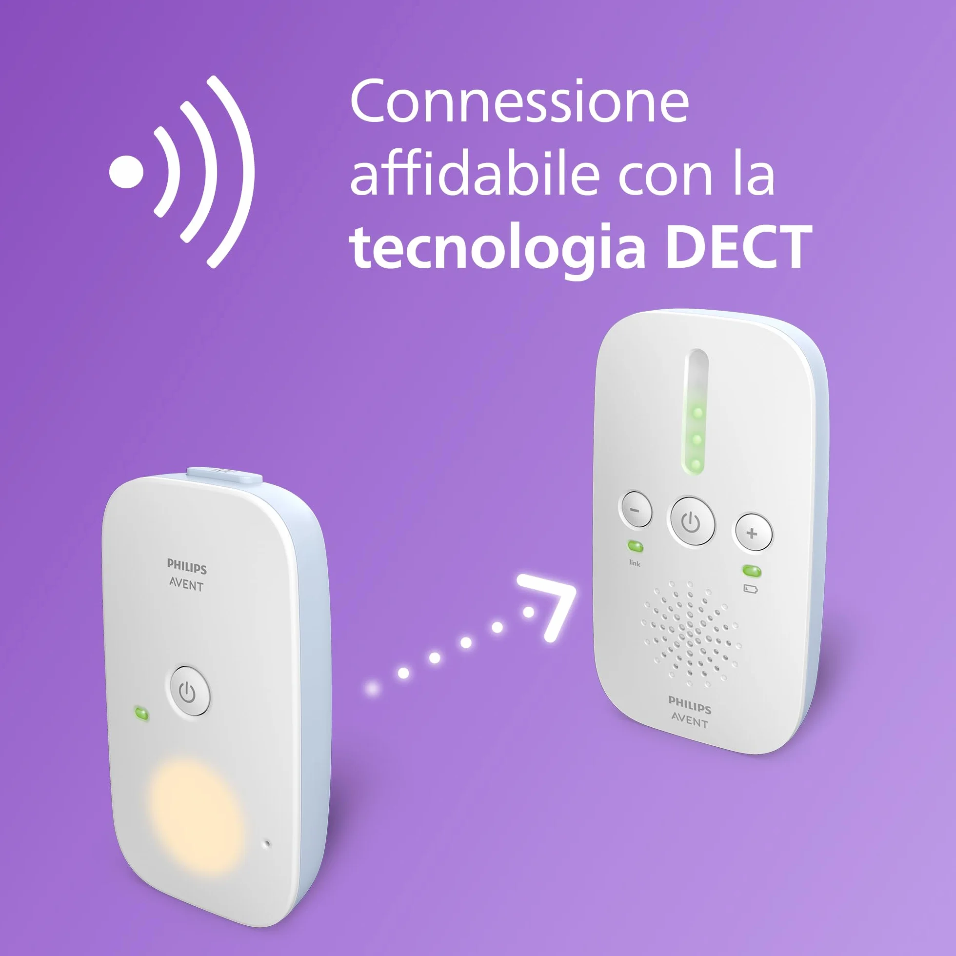 Philips Avent DECT Audio Baby Monitor SCD503/26, audio bidirezionale, portata 330m, batteria 24h, modalità Smart ECO, luce notturna