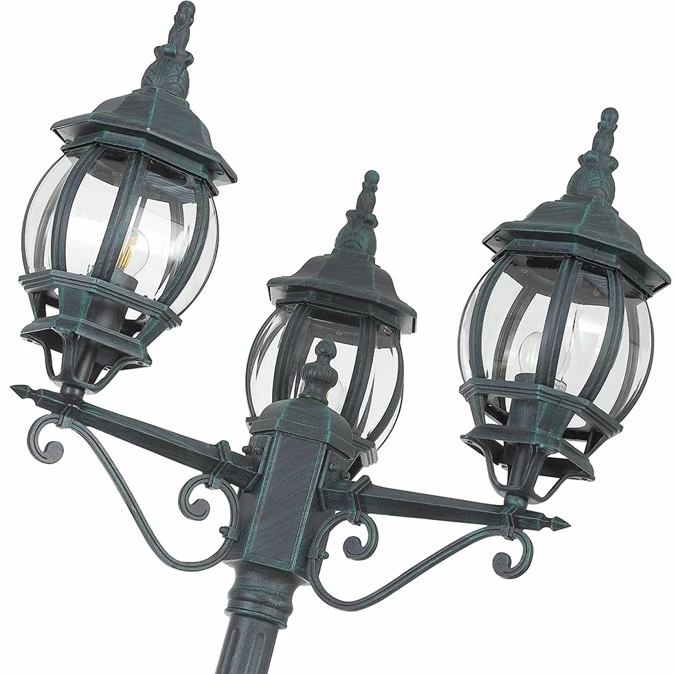 BAKAJI Lampione Vittoriano Classico da Giardino in Alluminio Lampada Lanterna Colore Grigio Finitura Anticata Verde Bronzo IP44 E27 (3 Luci 200 cm)