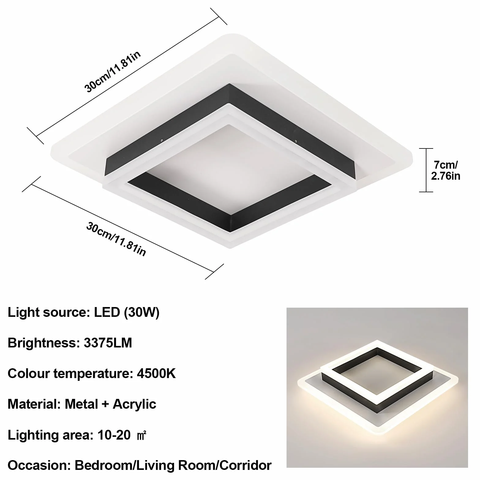 Comely Plafoniera Led Soffitto Quadrata, 30W Moderna Lampada da Soffitto Luce Naturale 4500K, Acrilico Lampadario LED Soffitto per Camera da letto, Soggiorno, Cucina, Corridoio