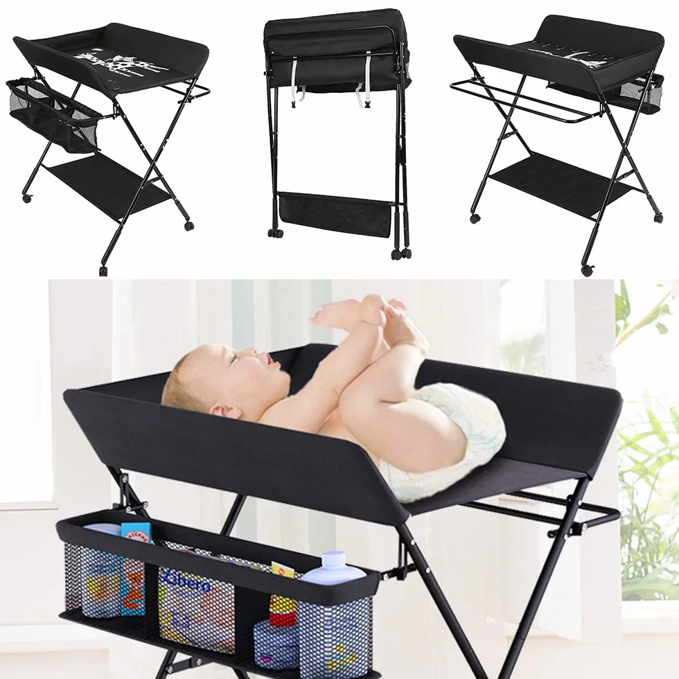 Fasciatoio Pieghevole per Neonato con Struttura Stabile, 4 Ruote con Freno, Portatile con Scomparti (80x66x98cm, Nero)