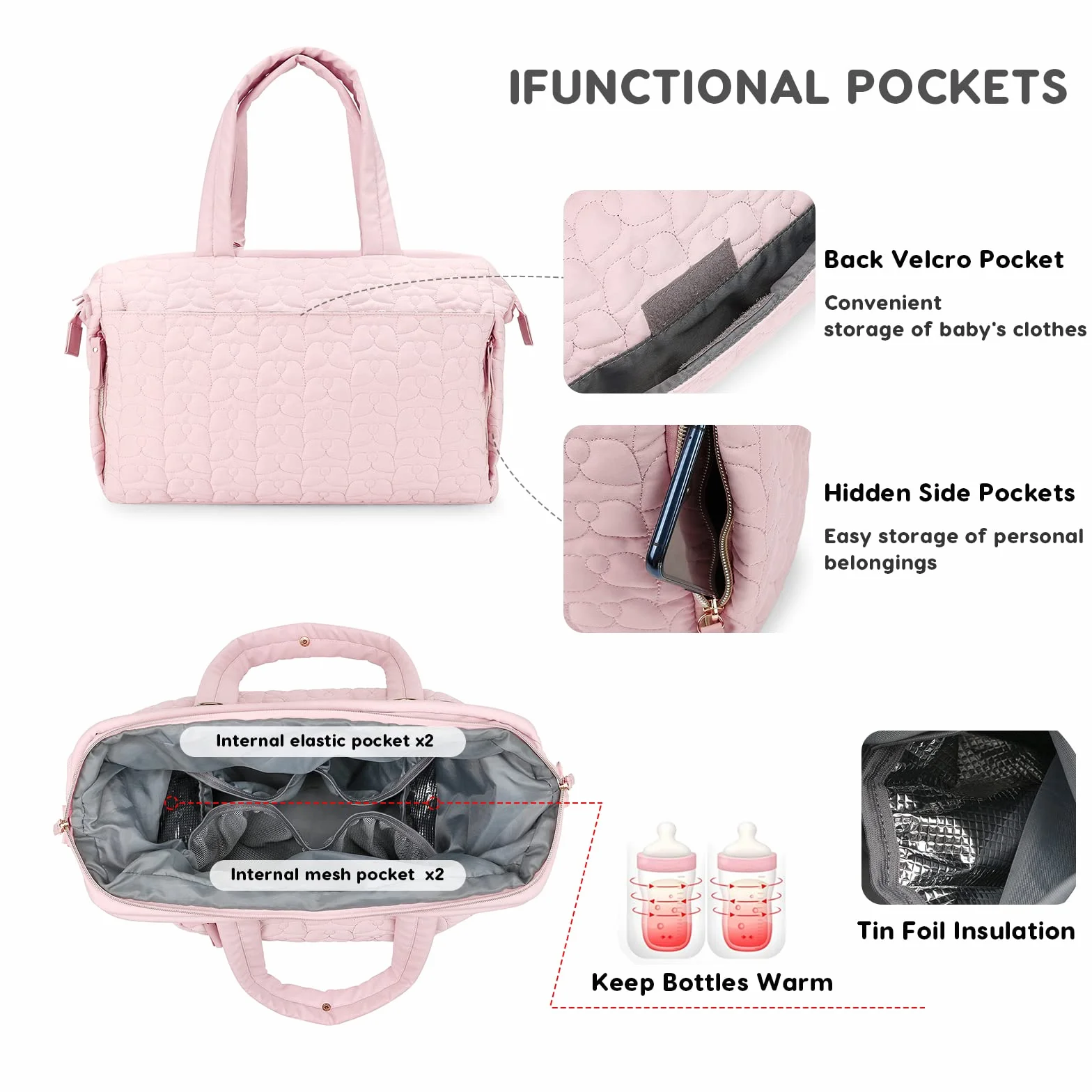 SONARIN Multitasche Fasciatoio Neonato Borsa Tracolla Grande Capacità Pannolini Viaggio Rosa