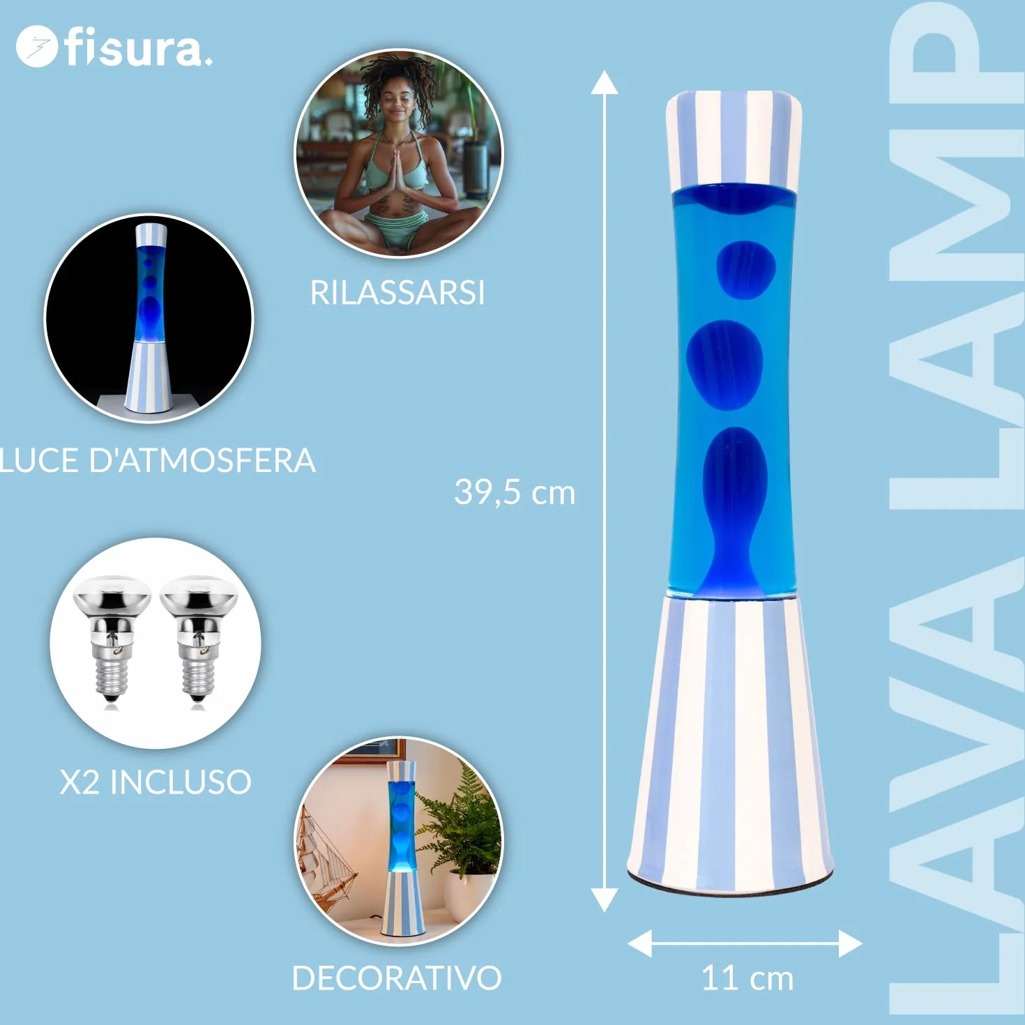 Fisura – Lampe à lave bleue. Lampe décorative relaxante au design original pour maison ou bureau, base à rayures, liquide et lave bleus, ampoule de rechange incluse, 11 x 11 x 39,5 cm