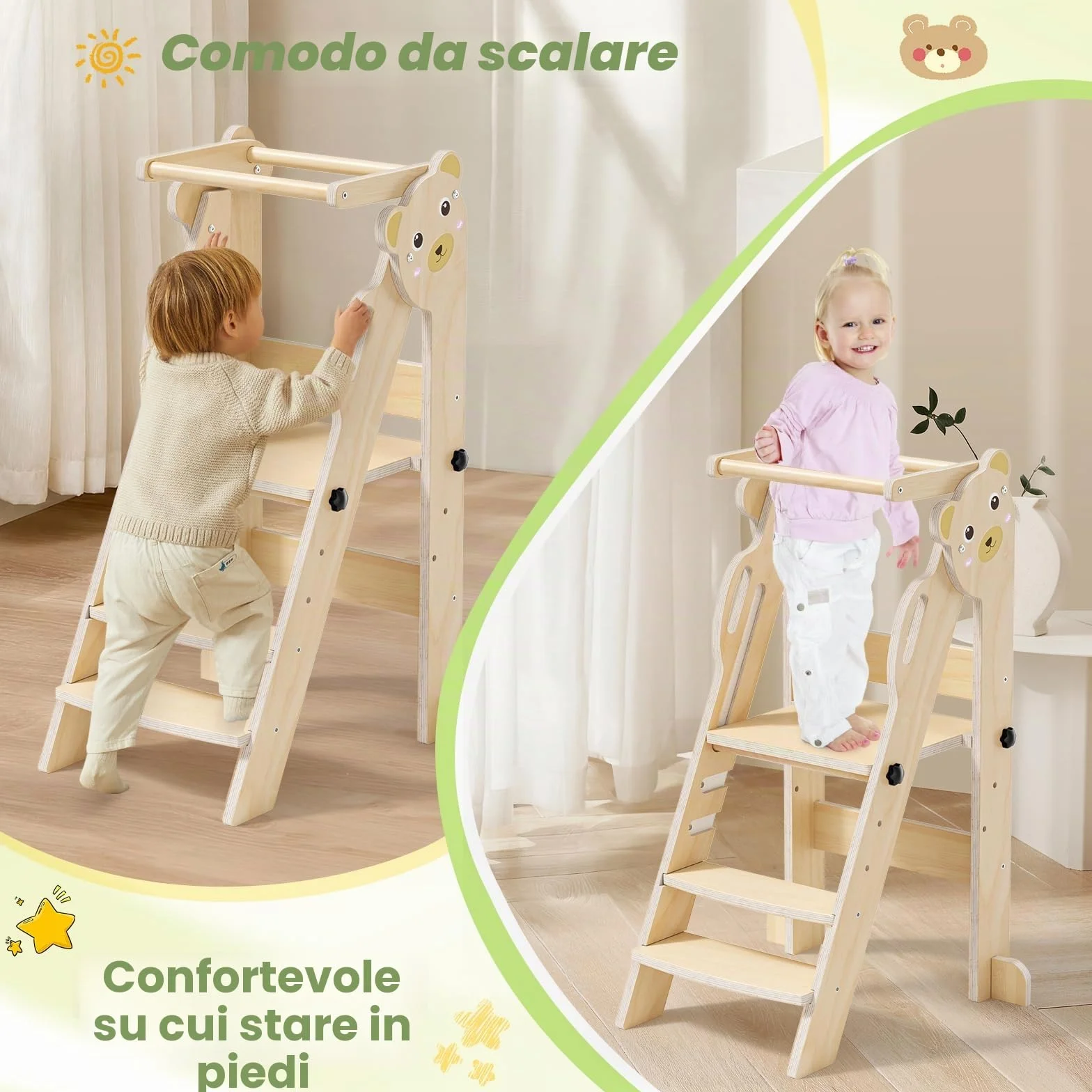 Torre montessoriana pieghevole per bambini, Montessori Learning Tower regolabile in altezza, legno naturale