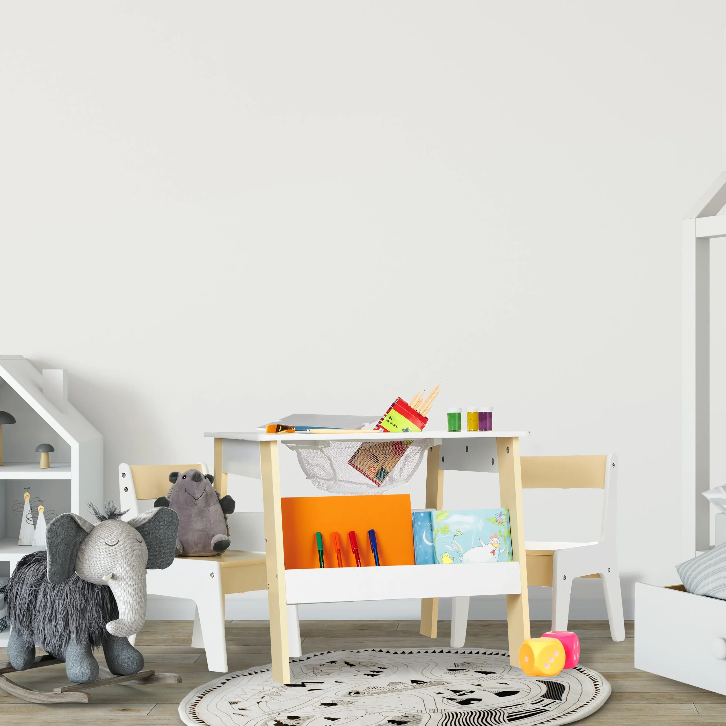 Relaxdays Tavolino con 2 Sedie per Bambini, Scomparto per Libri, Bianco Beige