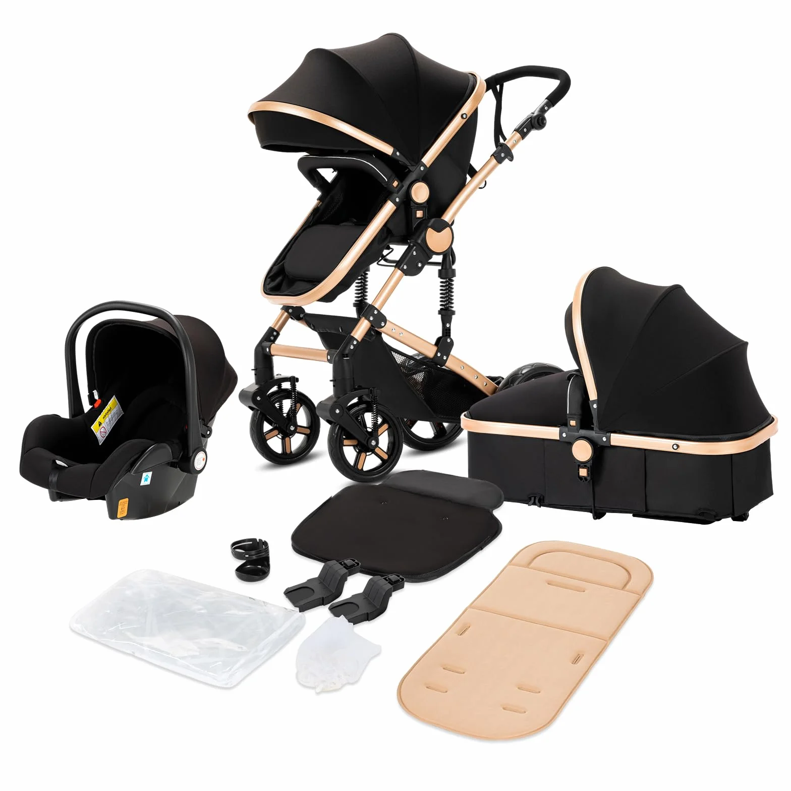 Magic ZC Passeggino Trio 3 in 1 per Neonati con Design Portatile Pieghevole Un Clic, Spinta Reversibile a Due Vie, Black Gold