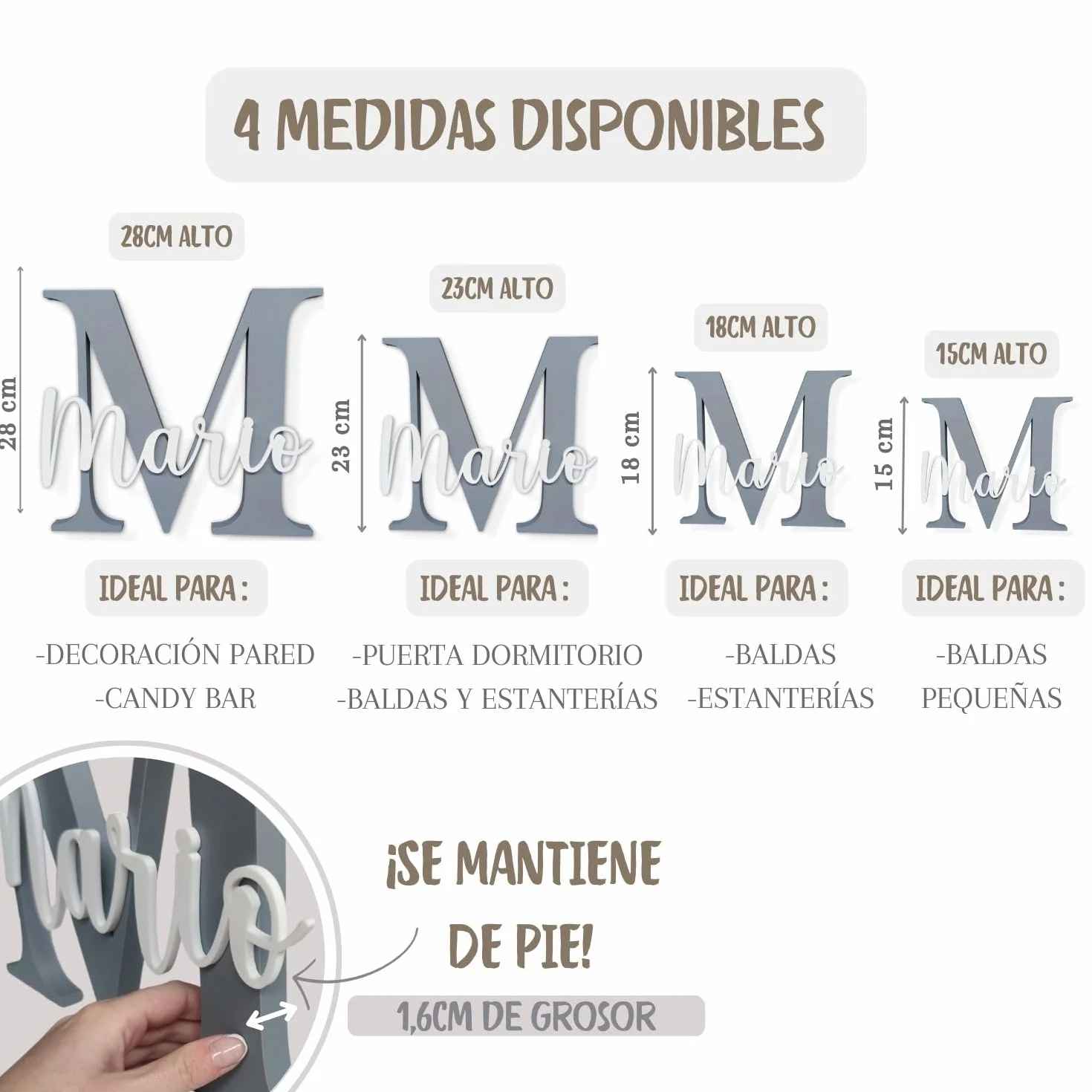 Lettera decorativa personalizzata con nome da appendere, misure e colori a scelta, regalo per bambini