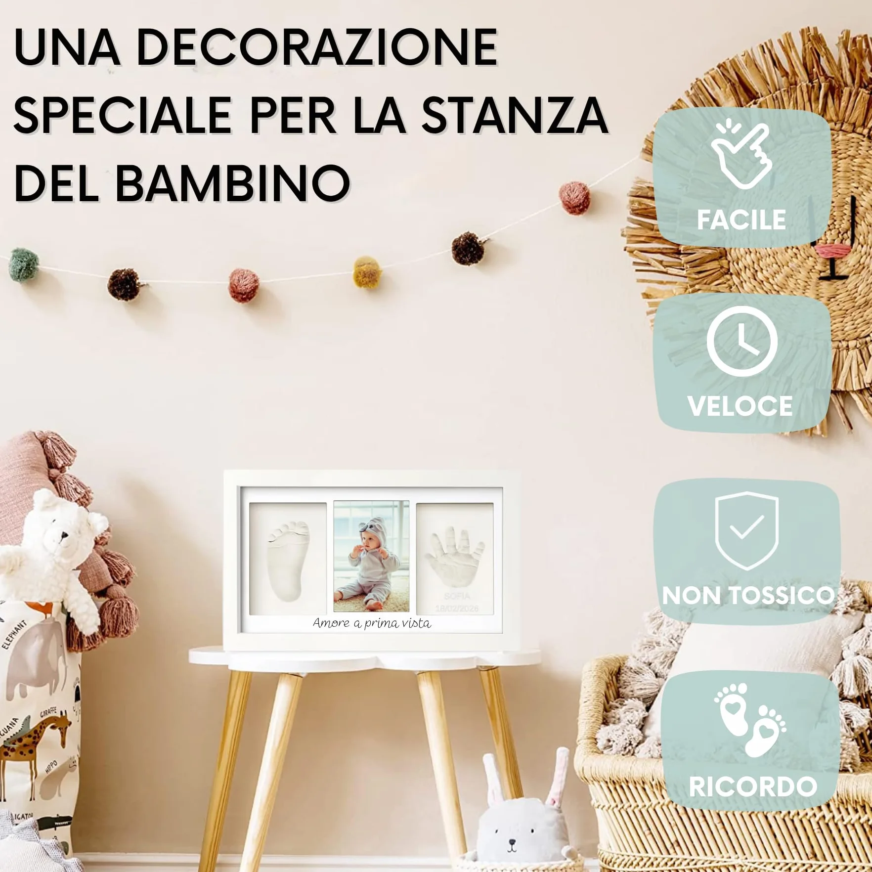 Kit impronte neonato con argilla e cornice per calco mani e piedi, idea regalo nascita o battesimo, ricordo originale bianco