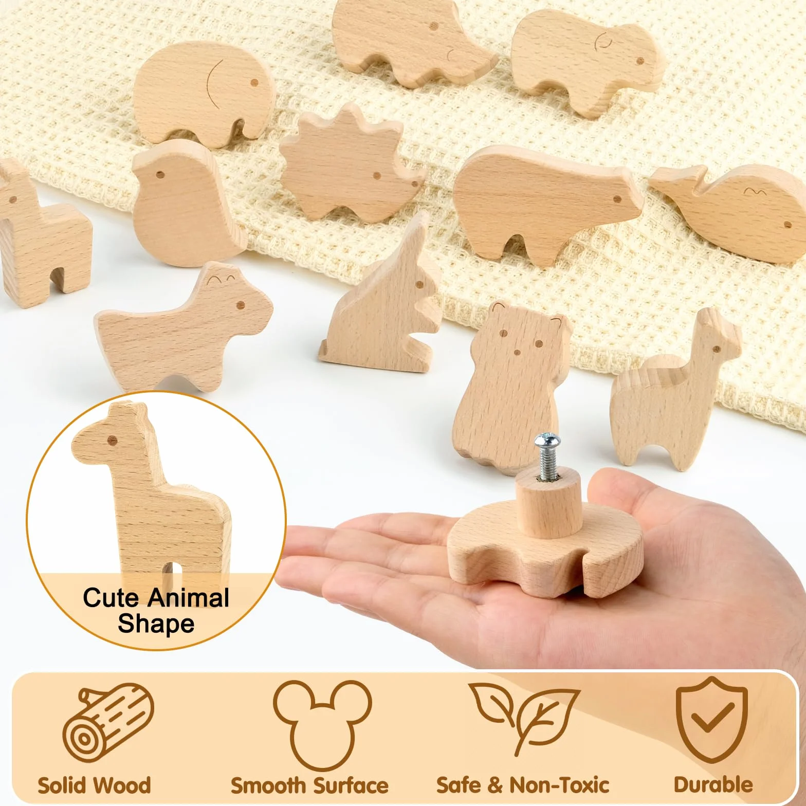 Pomelli per Mobili Bambini, Maniglie Armadio in Legno con Motivi Animali, 12 Pezzi