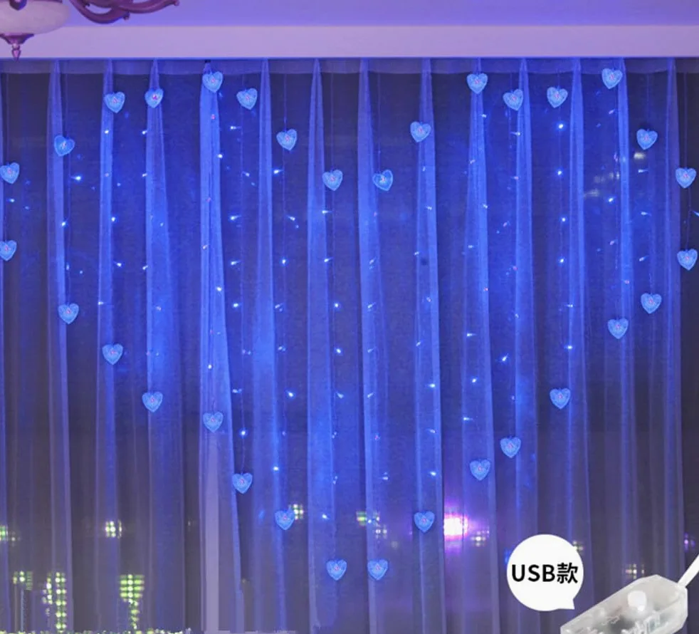 Luci fatate, Tenda Luminosa a Forma Cuore, 124 LED 124 LED 2M x 1.5M Tenda Luminosa a Forma Cuore Lampadario Porta USB Feste Camera Letto Matrimonio Decorare