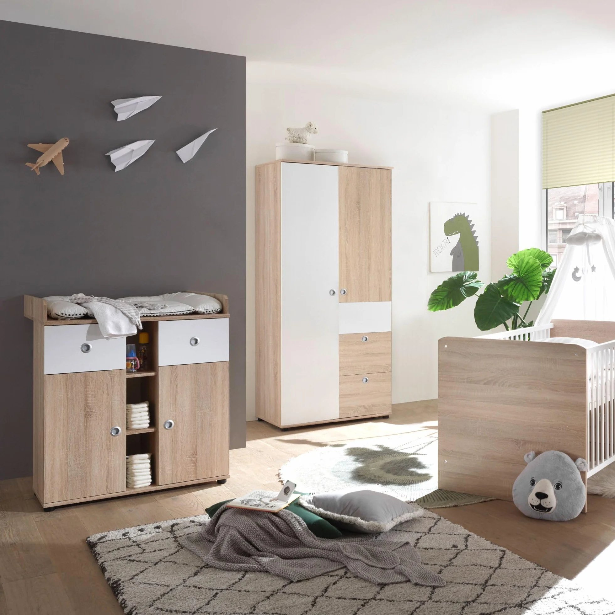 Stella Trading Wiki Completo Cameretta Bambini 3 Pezzi Rovere Armadio Culla Fasciatoio Legno Quercia Sonoma Bianco