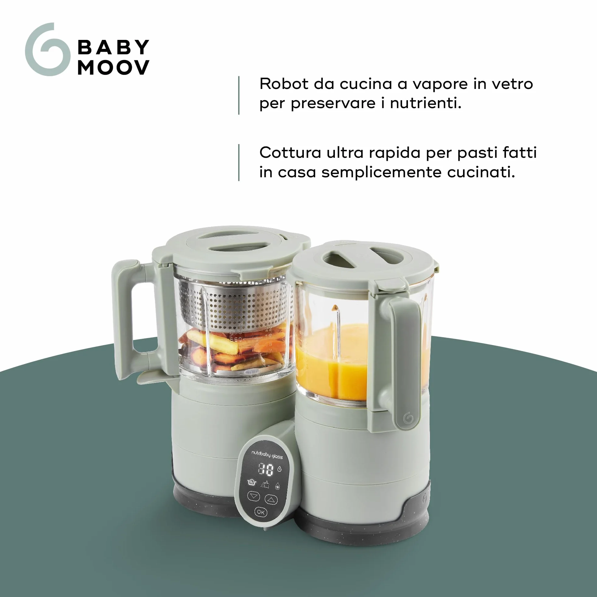 Babymoov Nutribaby Frullatore Vaporizzatore Vetro 4 in 1 Cuocipappa Svezzamento Riscaldatore Scongelatore Acciaio Inox