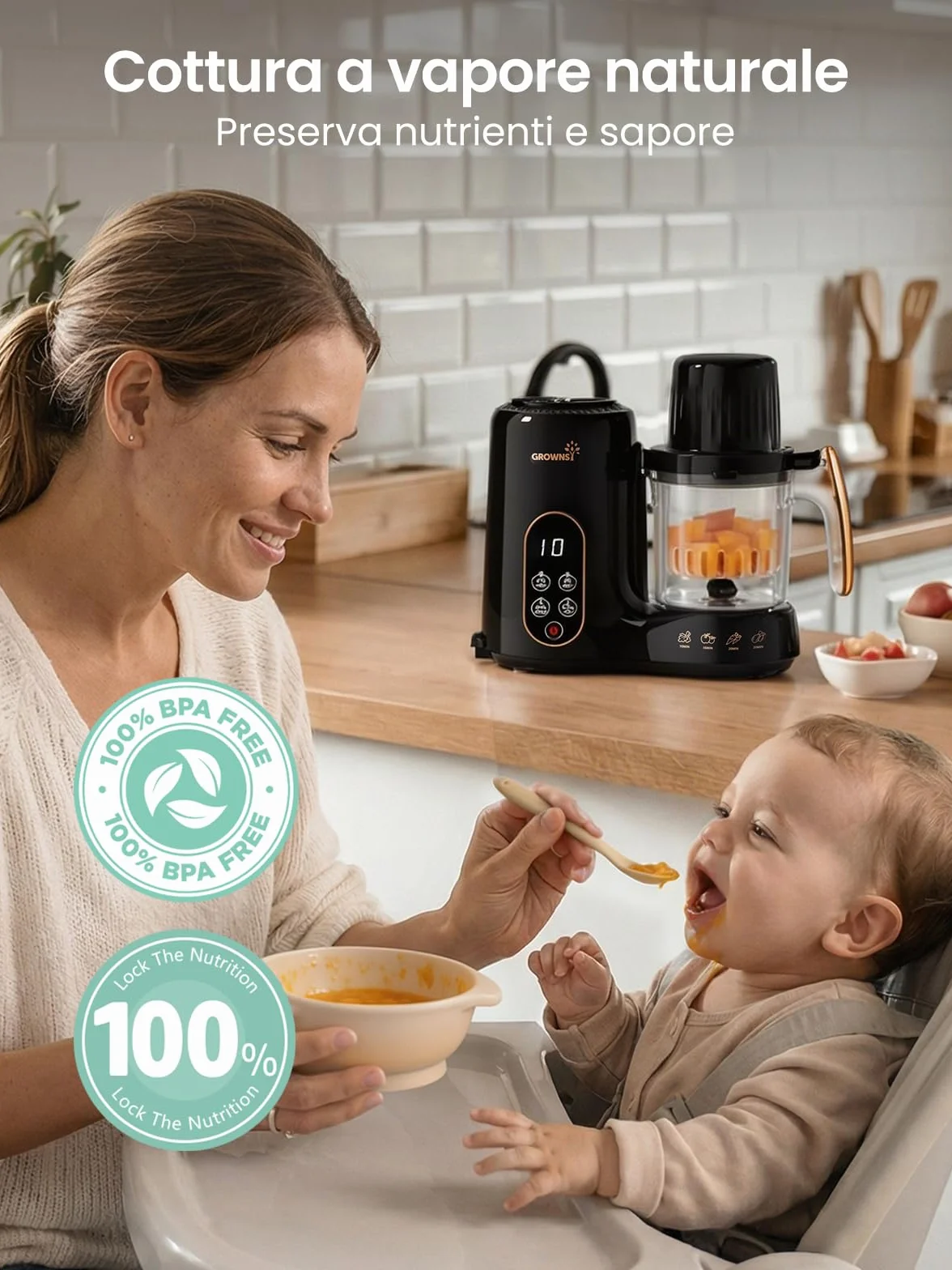 Grownsy Cuocipappa Multifunzione 7-in-1 Robot Cucina per Svezzamento con Doppio Cestello a Vapore, BPA Free