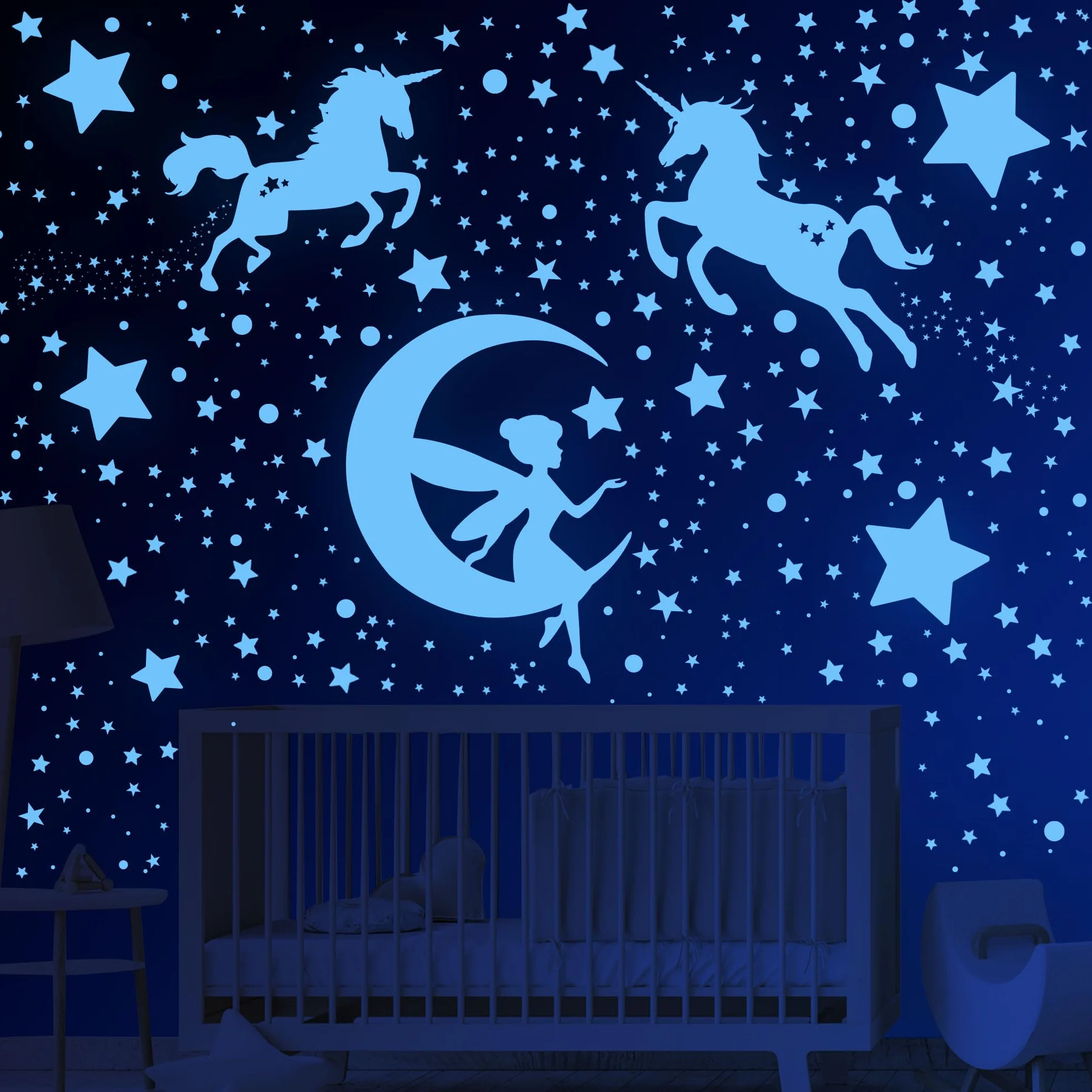 Adesivi Murali Fluorescenti Unicorno Stelle 585 Pezzi per Cameretta Bambine Soggiorno