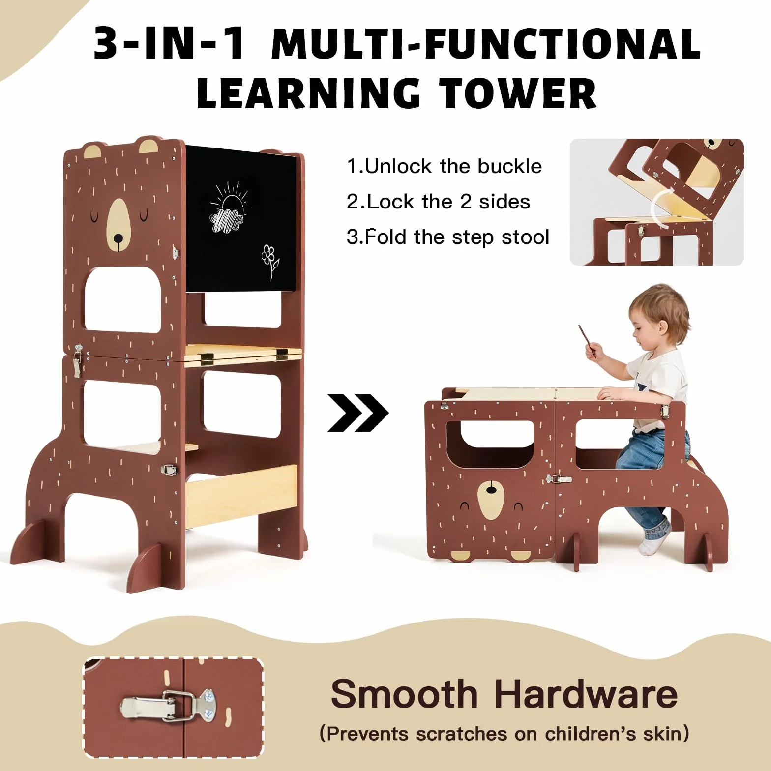 Labebe Torre Montessoriana Pieghevole in Legno Grandi Dimensioni 3 in 1 con Lavagna Orso Bruno