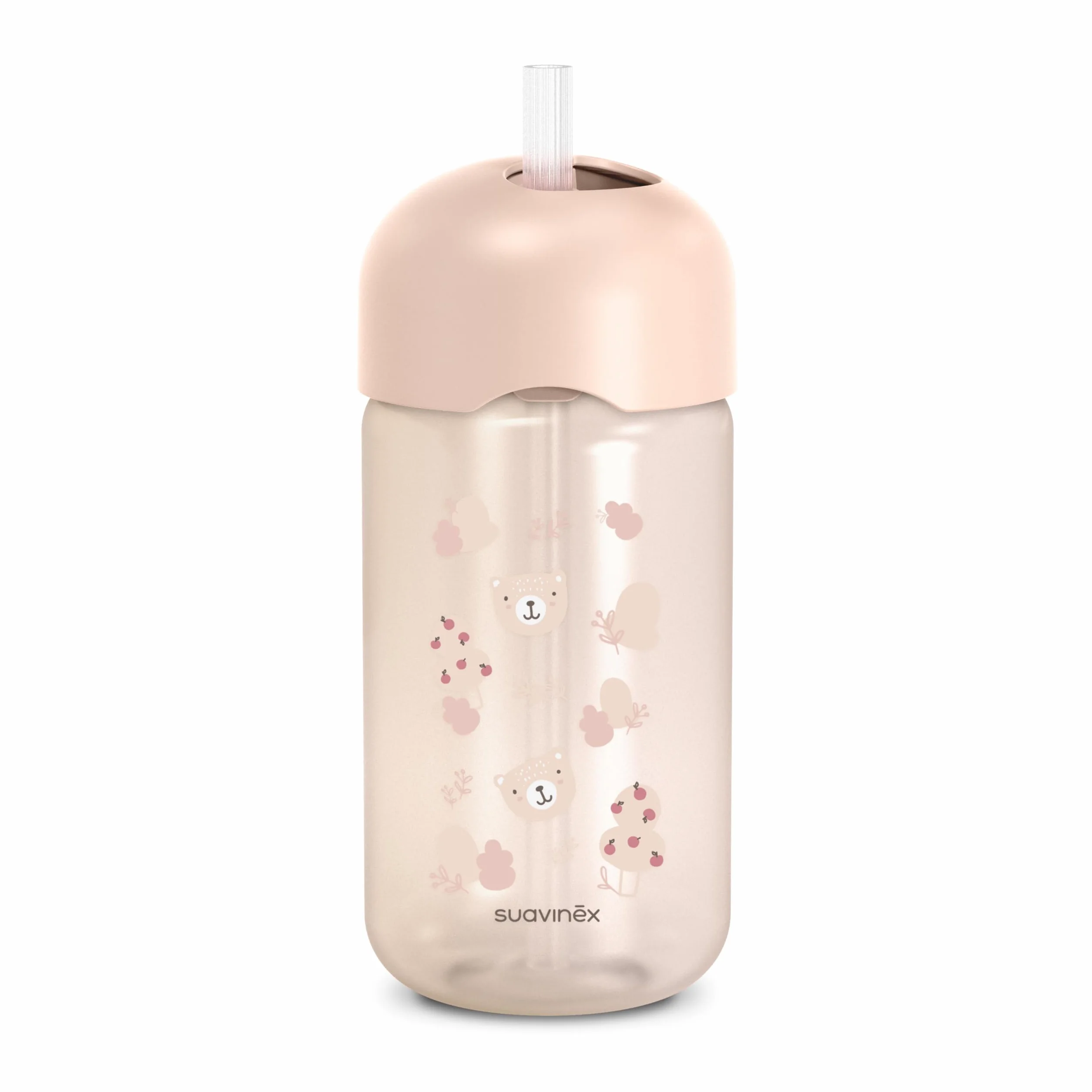 Suavinex Bicchiere Evolutivo Neonati 18 Mesi Cannuccia Silicone Morbido Flessibile Anti-fuoriuscita Anti-gocciolamento Coperchio 340 ml Wild&Free Rosa