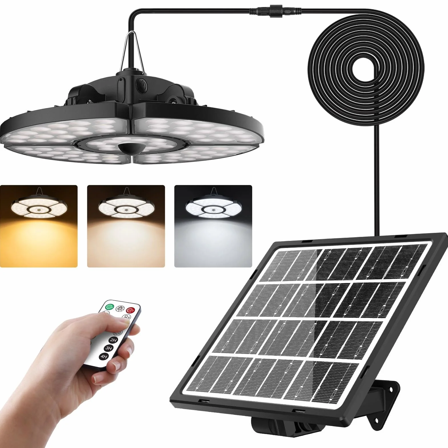 CLV Lampadario Solare con Telecomando 152 LED 2500LM, Lampada da Interno con Sensore di Movimento 6 modalità a Sospensione 5000MAH, 2500K-6500K, 5 luminosità per Giardino Balcone