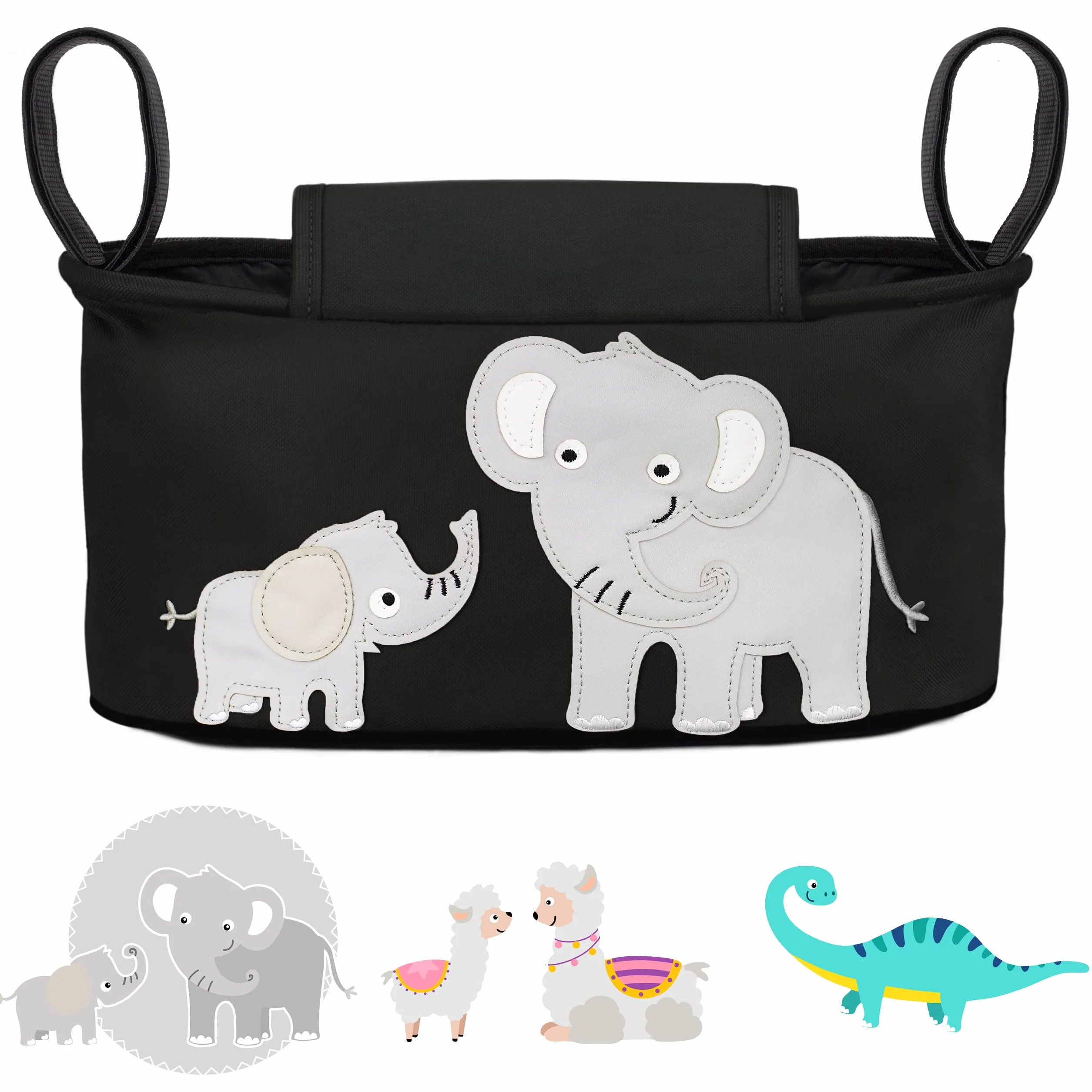 GLÜCKSWOLKE Borsa per Passeggino 12 Motivi Organizer Carrozzina Neonato Portaoggetti Dispenser Salviette Universale Elefante Nero