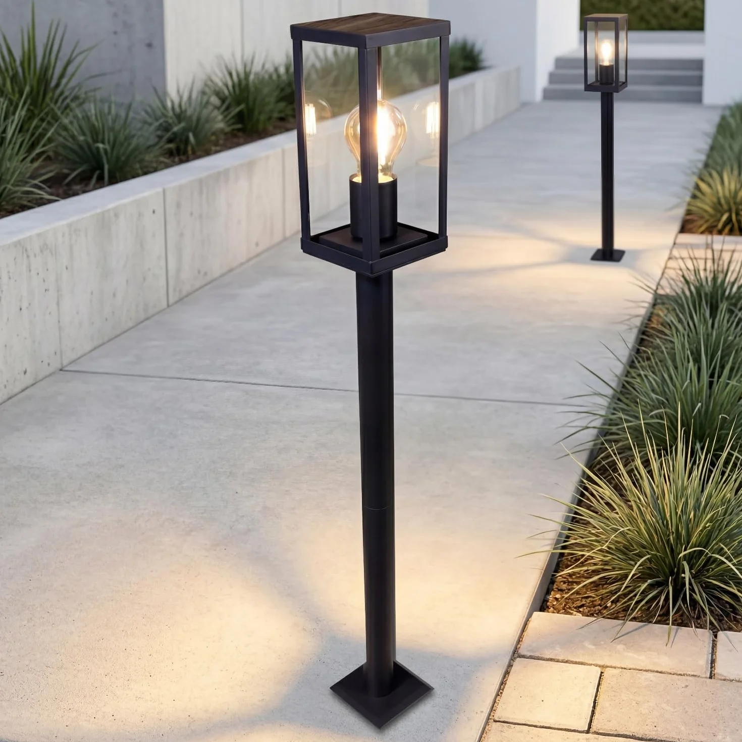 Lampione Vintage Nero Alluminio Ottica legno E27 IP44 H:100 cm Lampada da giardino Lampada da esterno Illuminazione per pavimenti Illuminazione per sentieri Lampione da giardino