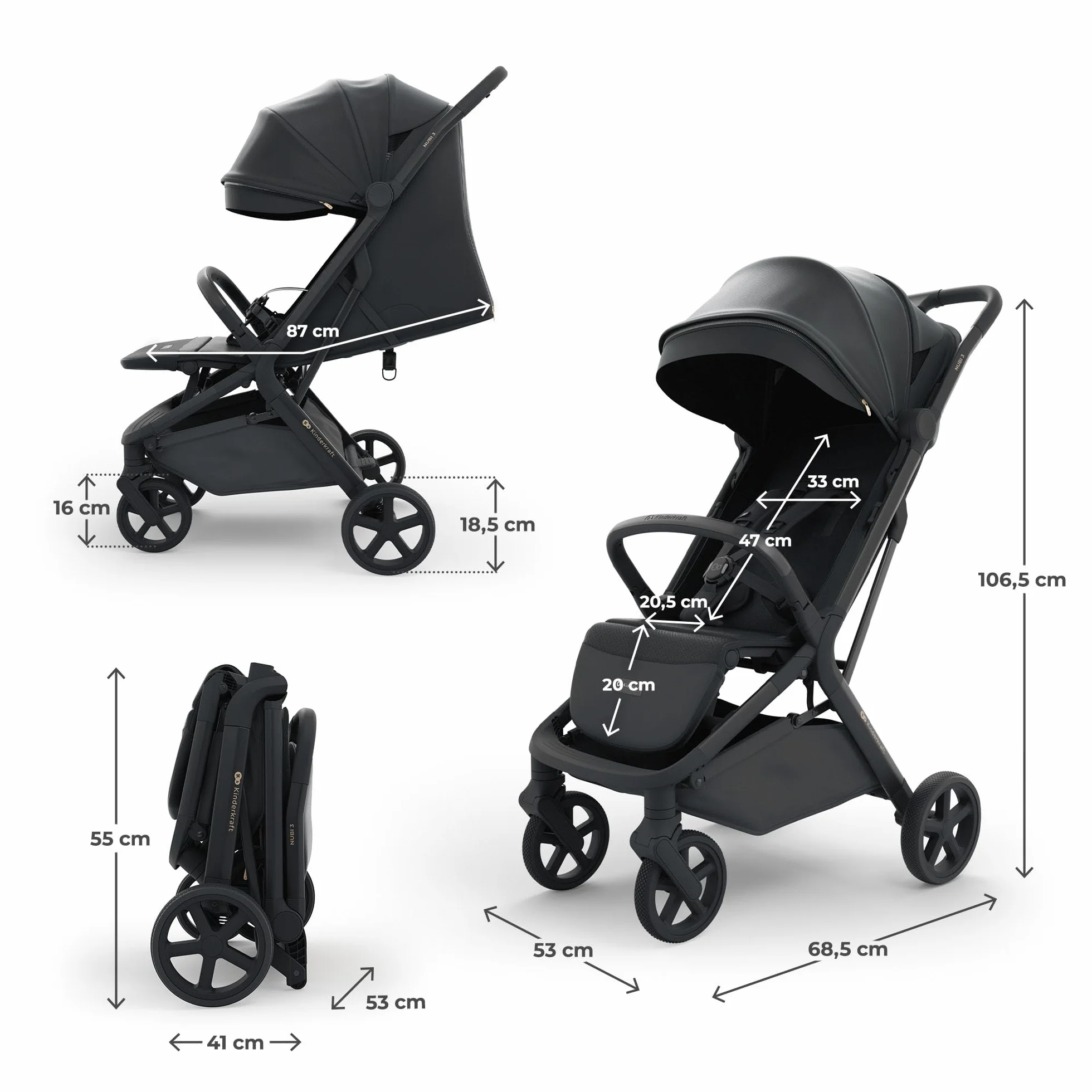 Kinderkraft NUBI 3 Passeggino Urbano 22 kg Buggy UPF50+ Leggero 8.7kg Nero