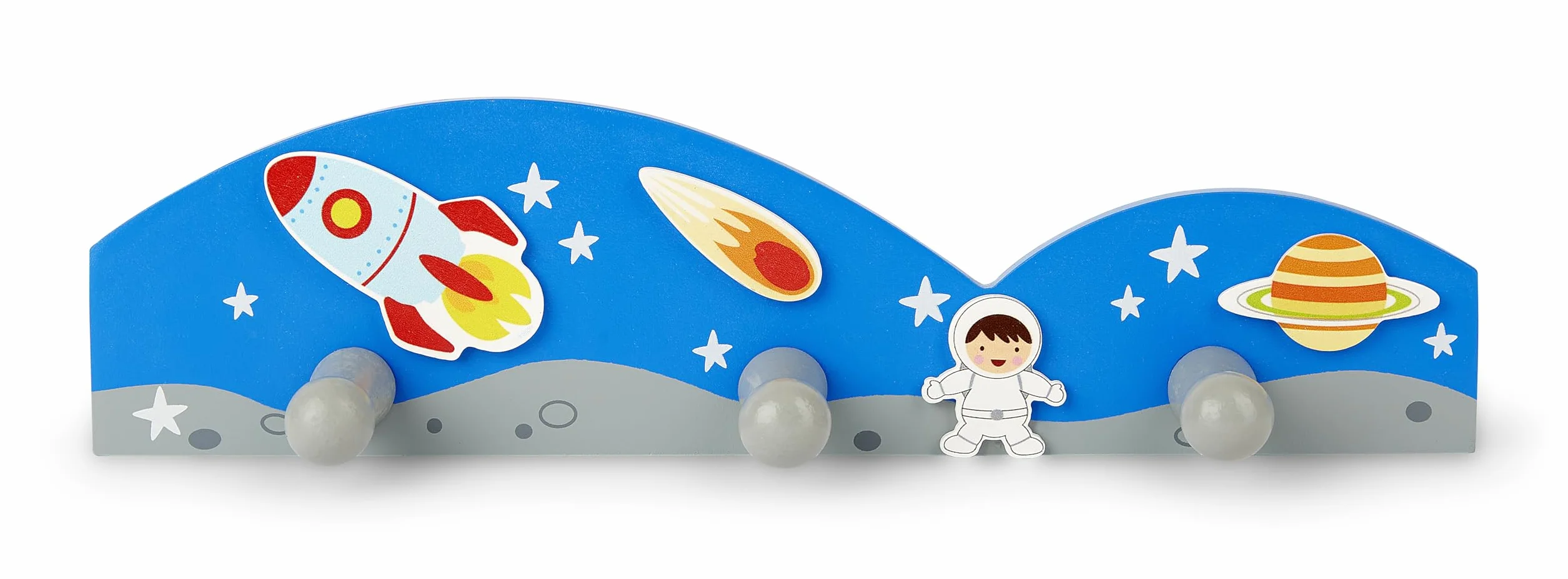 Appendiabiti in legno con 3 ganci per bambini tema razzo spaziale