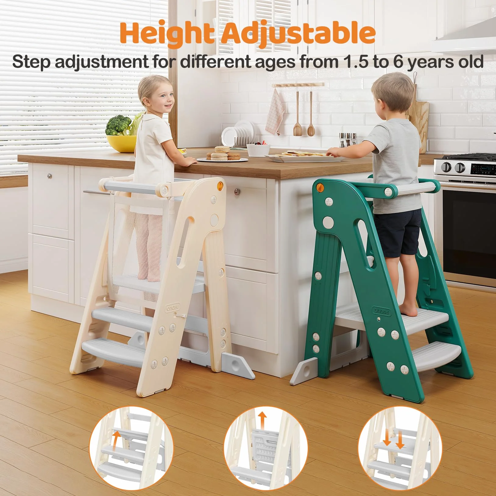 Torre Montessoriana Pieghevole Regolabile Altezza Learning Tower Antiscivolo Anti-Ribaltamento Bianco 1-6 Anni