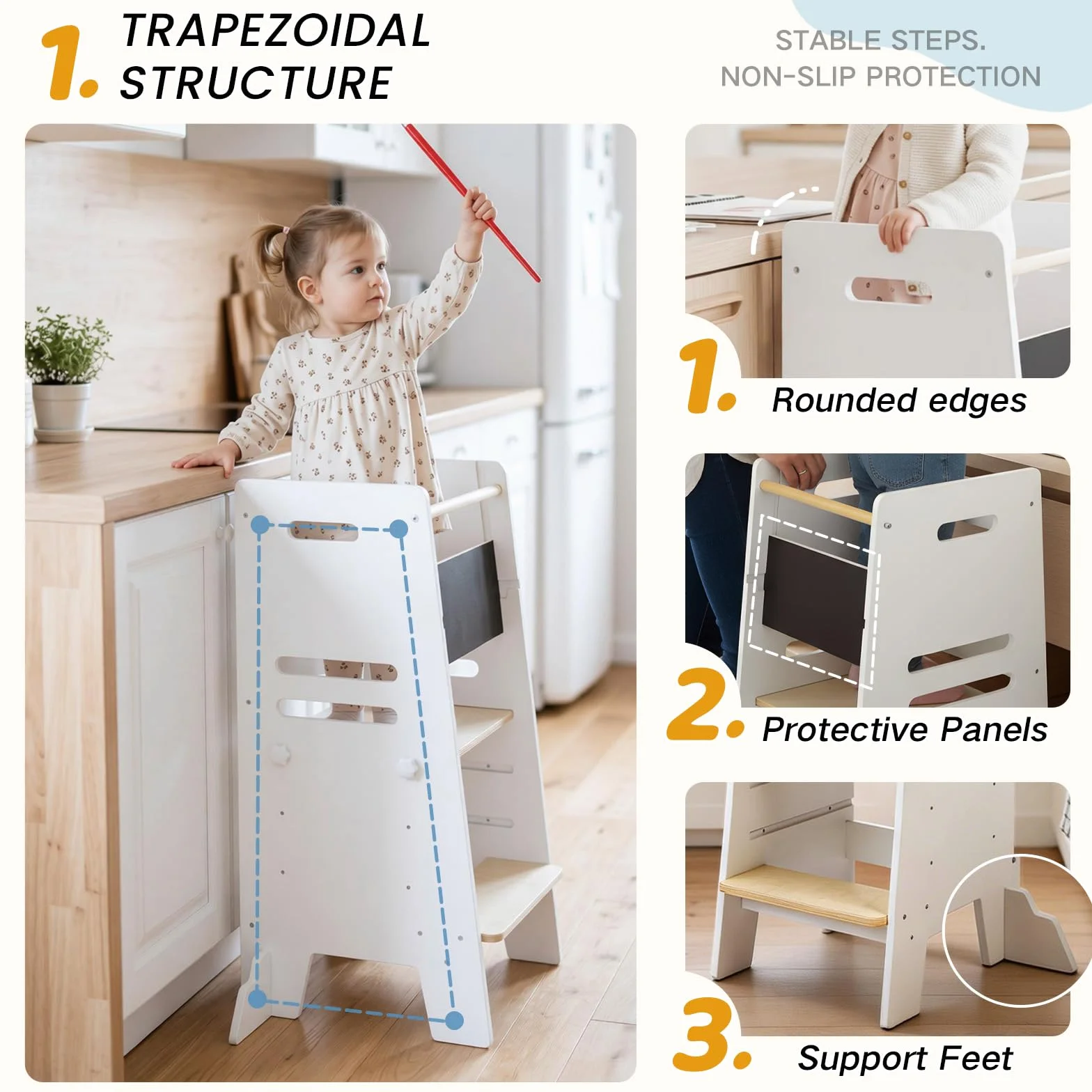 Labebe Learning Tower 3 in 1 con Lavagna e Seduta, Torre Montessori Regolabile in 3 Altezze, Legno