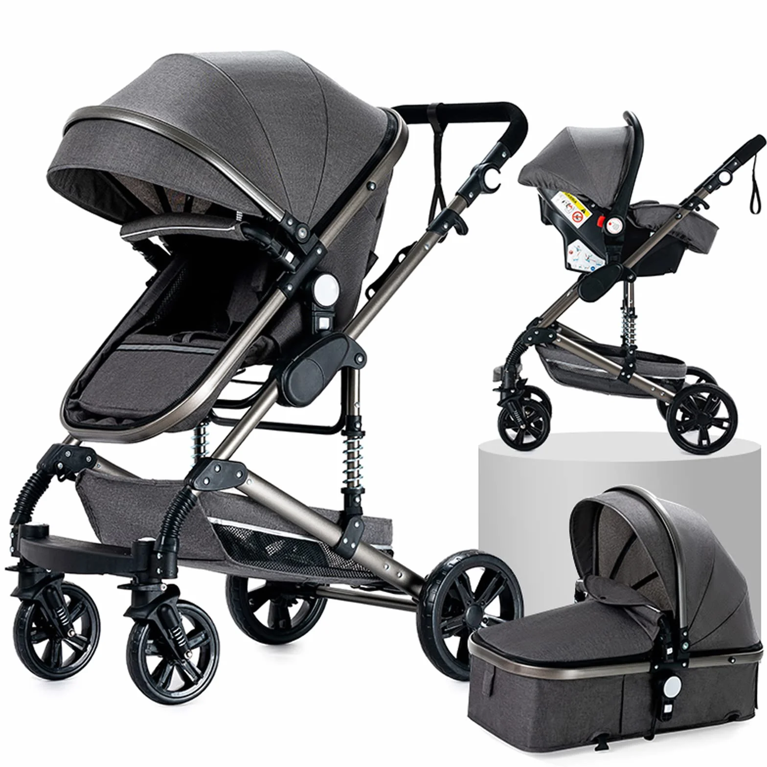 Magic Trio Passeggino 3 in 1 Carrozzina Neonati Portatile Pieghevole Un Clic Spinta Reversibile Grigio