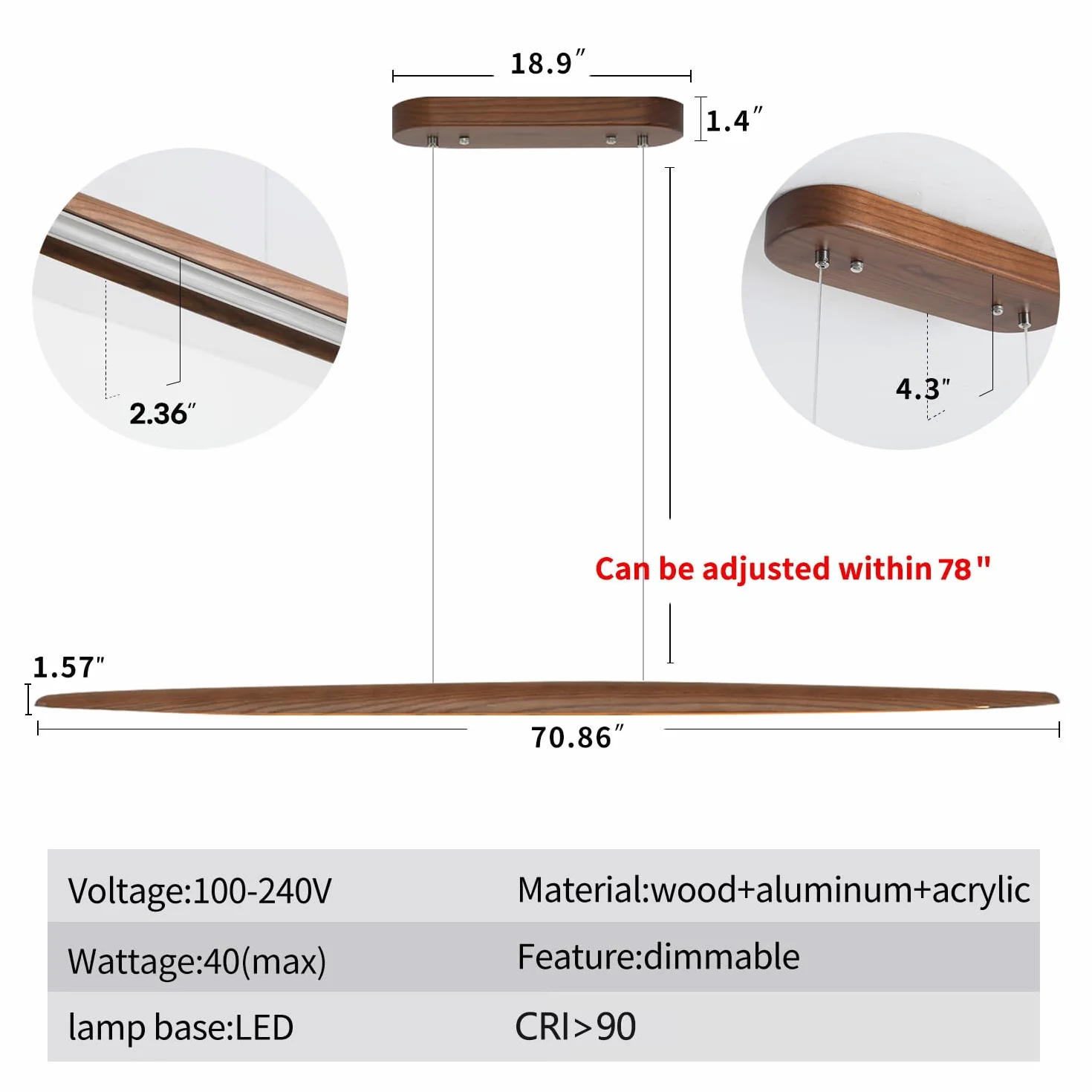 YISDESIGN Lampada a sospensione lineare in legno da 180,3 cm, per sala da pranzo e isola, lampadario lineare a LED dimmerabile, 40 W, colore noce