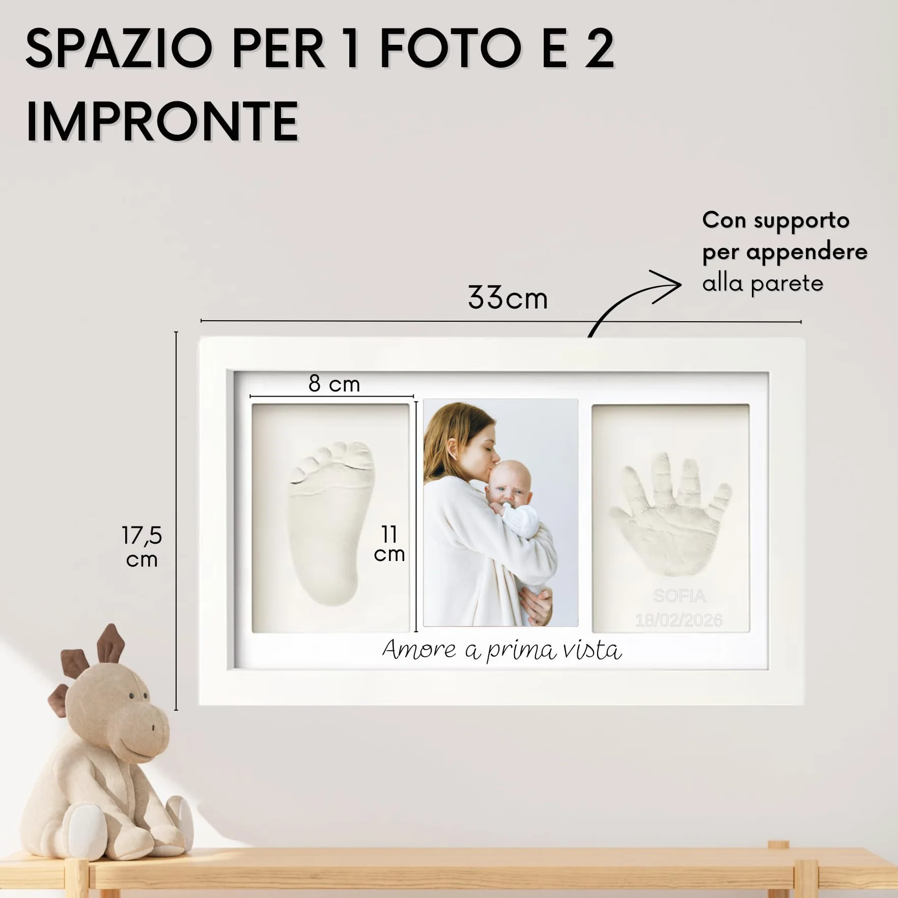 Kit impronte neonato con argilla e cornice per calco mani e piedi, idea regalo nascita o battesimo, ricordo originale bianco