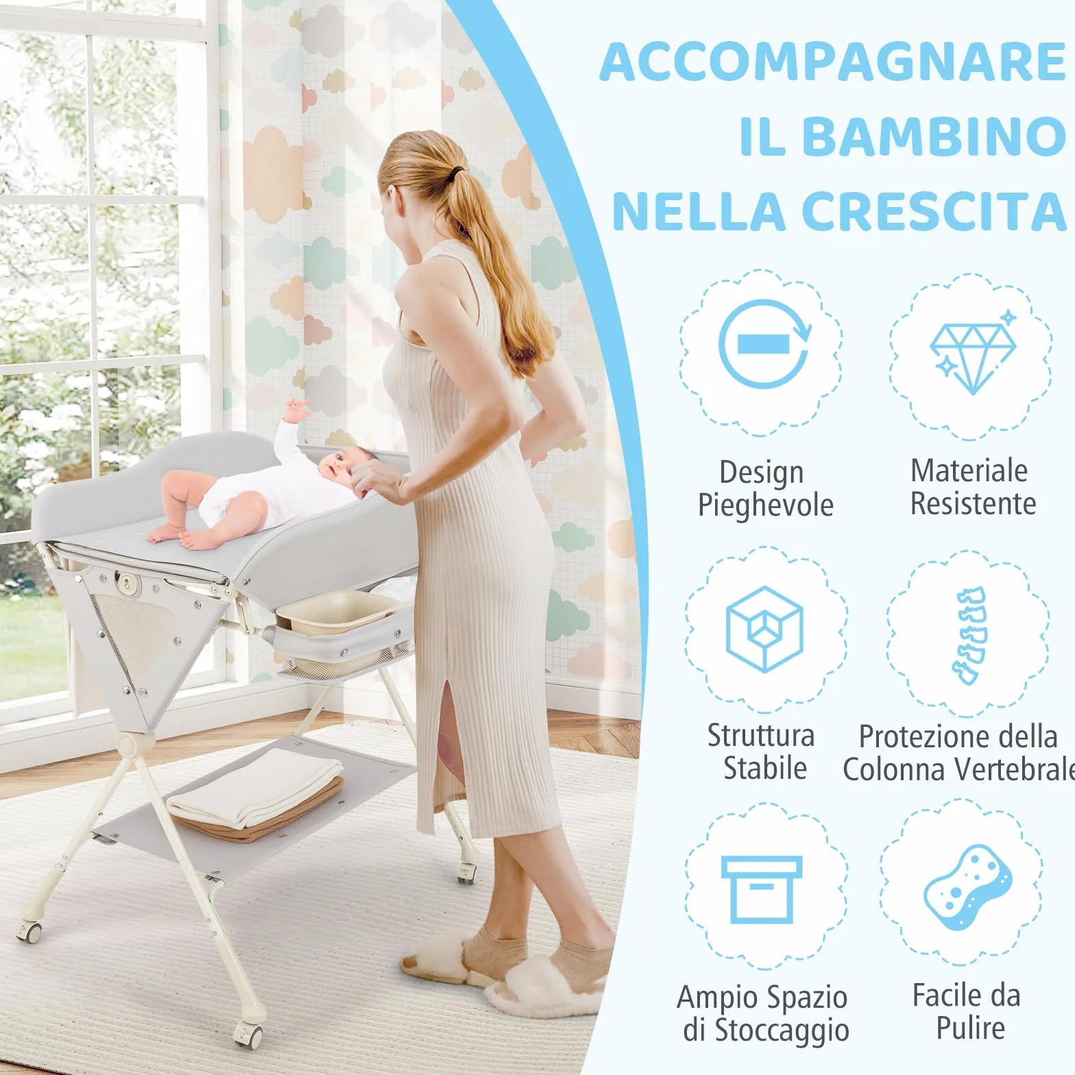 Costway Fasciatoio Pieghevole Neonato Portatile con Altezza Regolabile 3 Livelli, Grigio