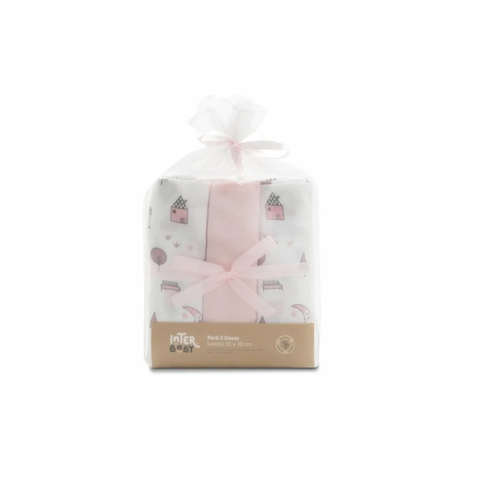 INTERBABY Set di 3 Mussole di Bambù MOON rosa per neonati 55x70 cm