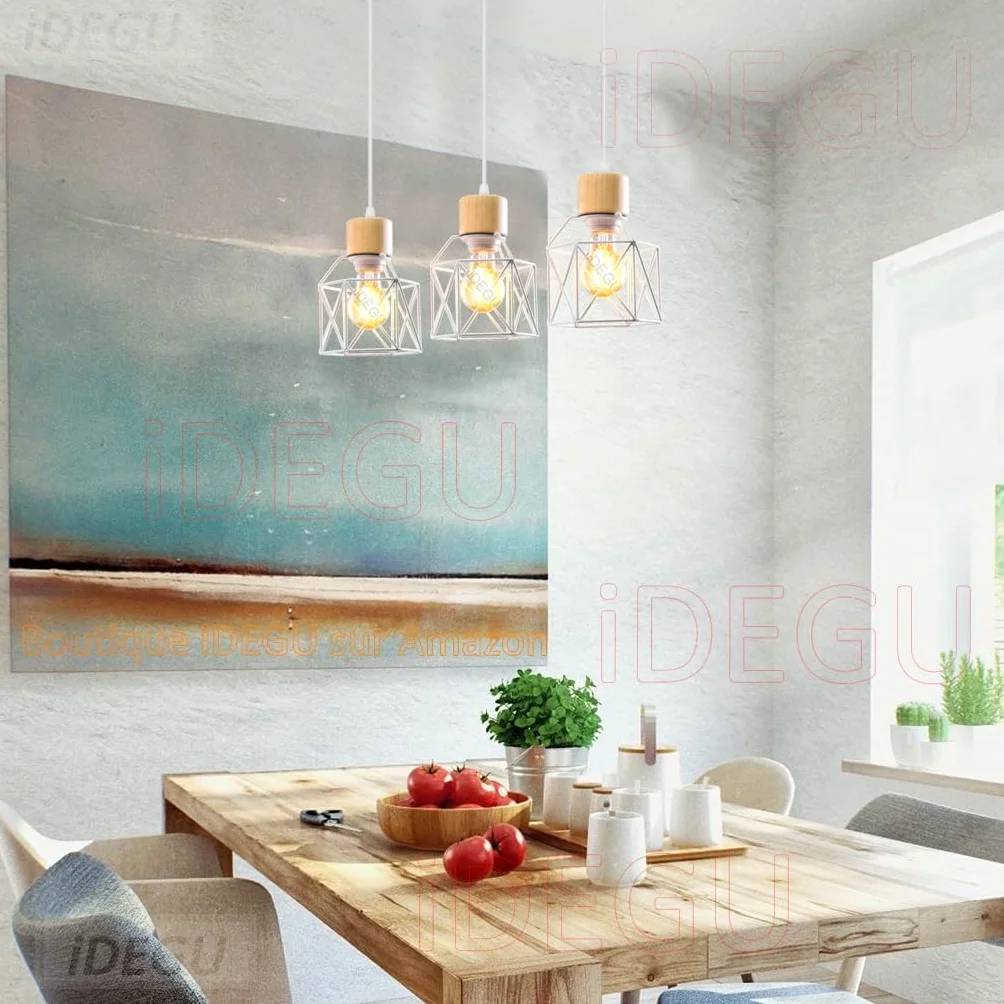 iDEGU 3 Luci Lampadario a Sospensione Vintage E27 Plafoniera Industriale in Legno Metallo Gabbia Lampada da Soffitto Retrò Lampade a Sospensione per Cucina Salotto Cameretta (Bianco, Legno, Barra)