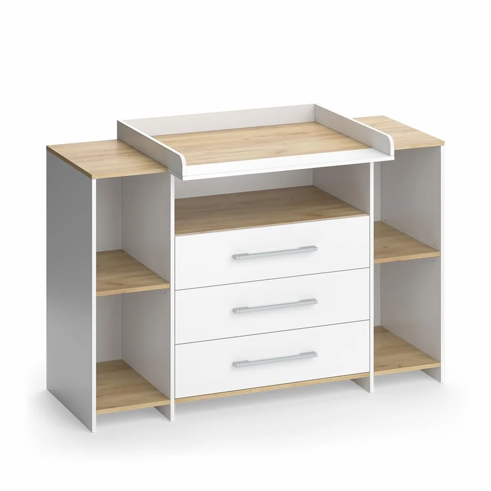 Vicco Fasciatoio Oskar, Rovere bianco/dorato, 143.2 x 93 cm, 3 cassetti, area di appoggio estensibile