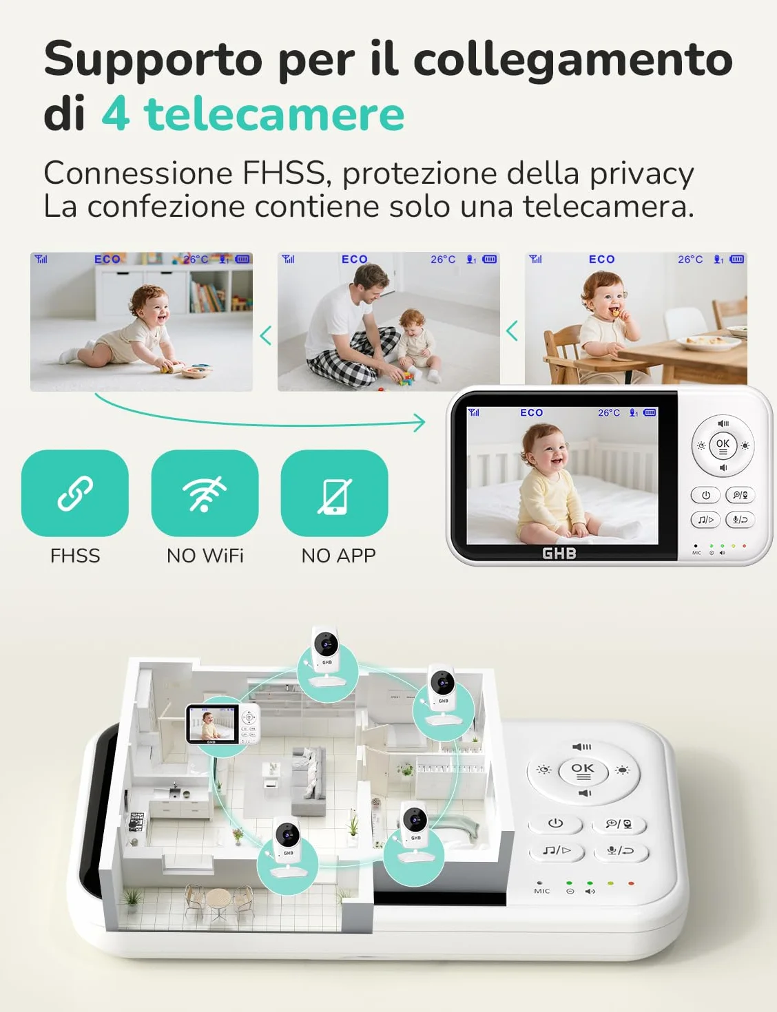 Baby Monitor con Telecamera 3.2'' 2100mAh Visione Notturna VOX Rilevamento Temperatura Interfono Bidirezionale