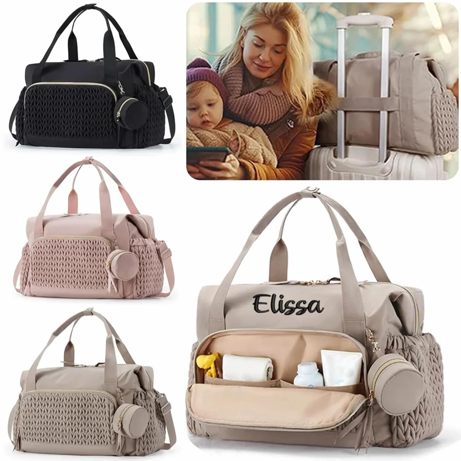 Nome personalizzato Borsa per pannolini mamma Organizzatore Passeggino Grande Capacità Tasca Isolata Fasciatoio