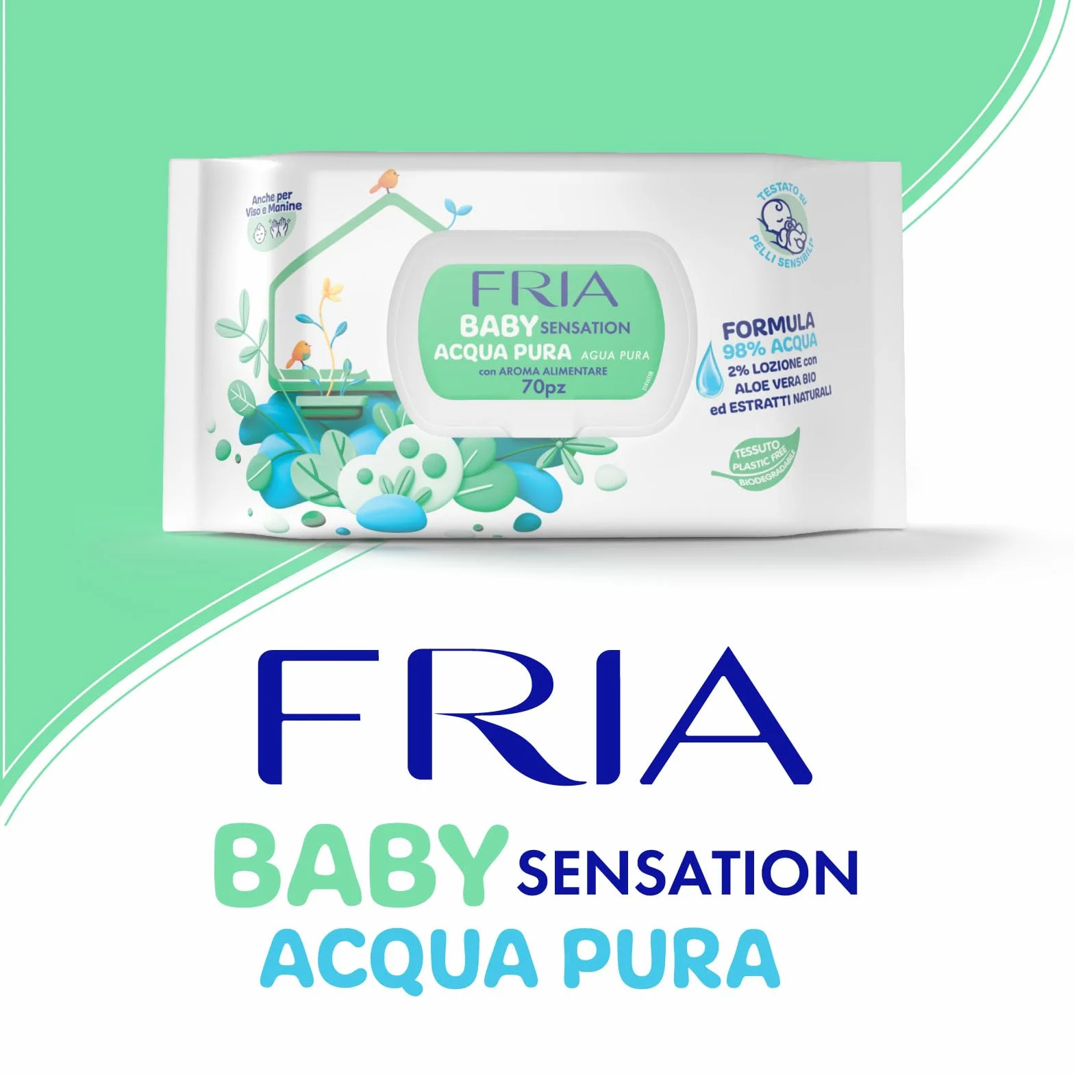 Fria Baby Sensation Acqua Pura Salviette per Cambio Pannolino, 98% Acqua Purificata, 70 Salviette