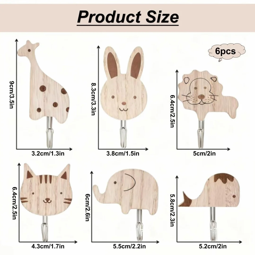 Appendiabiti Bambini da Parete Ganci Autoadesivi in Legno Animali Carini 6 Pezzi