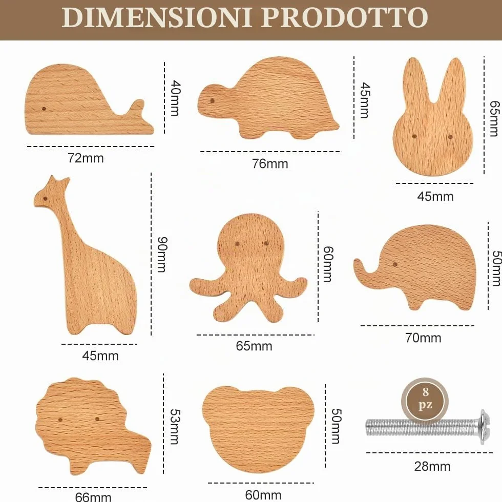Pomelli per Mobili Bambini Maniglie Armadio Orso Leone Coniglio 8 pz Legno Viti