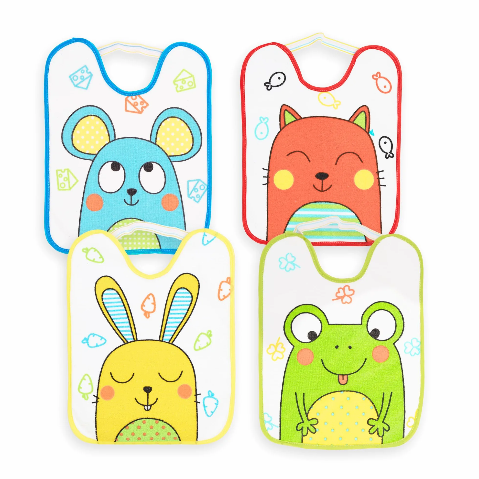 Set di 4 bavaglini per bambini 6-12 mesi microfibra impermeabili 24x31 cm con elastico animali