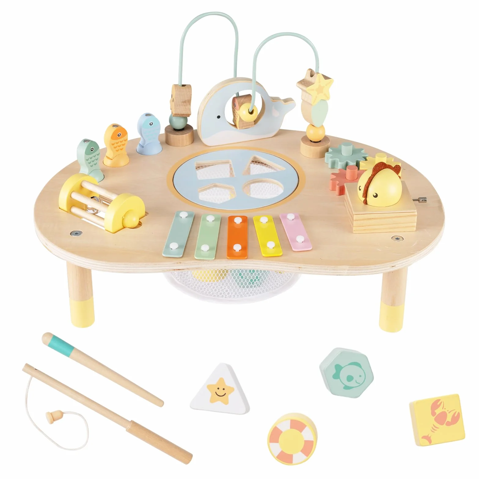 COSTWAY Centro di Attività Musicale in Legno Tavolo Multiattività Bambini 7-in-1 con Labirinto di Perle Xilofono Giochi Montessori