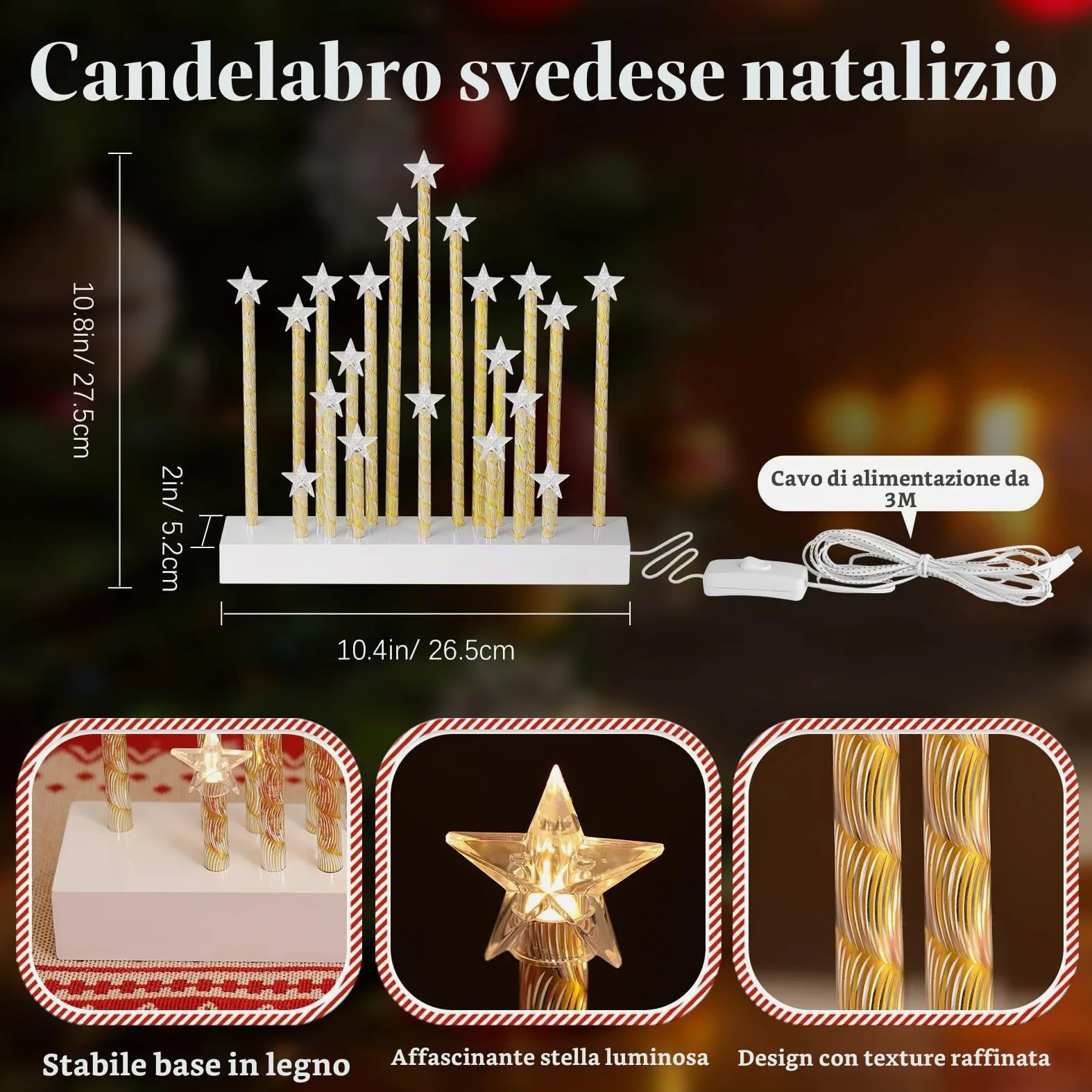 Lewondr Candelabro Svedese di Natale, Candele Senza Fiamma Stella con 20 LED Taper Candele Elettriche, USB Powered Candela Finestra di Natale per la Decorazione di Natale Regalo di Nozze, Bianco