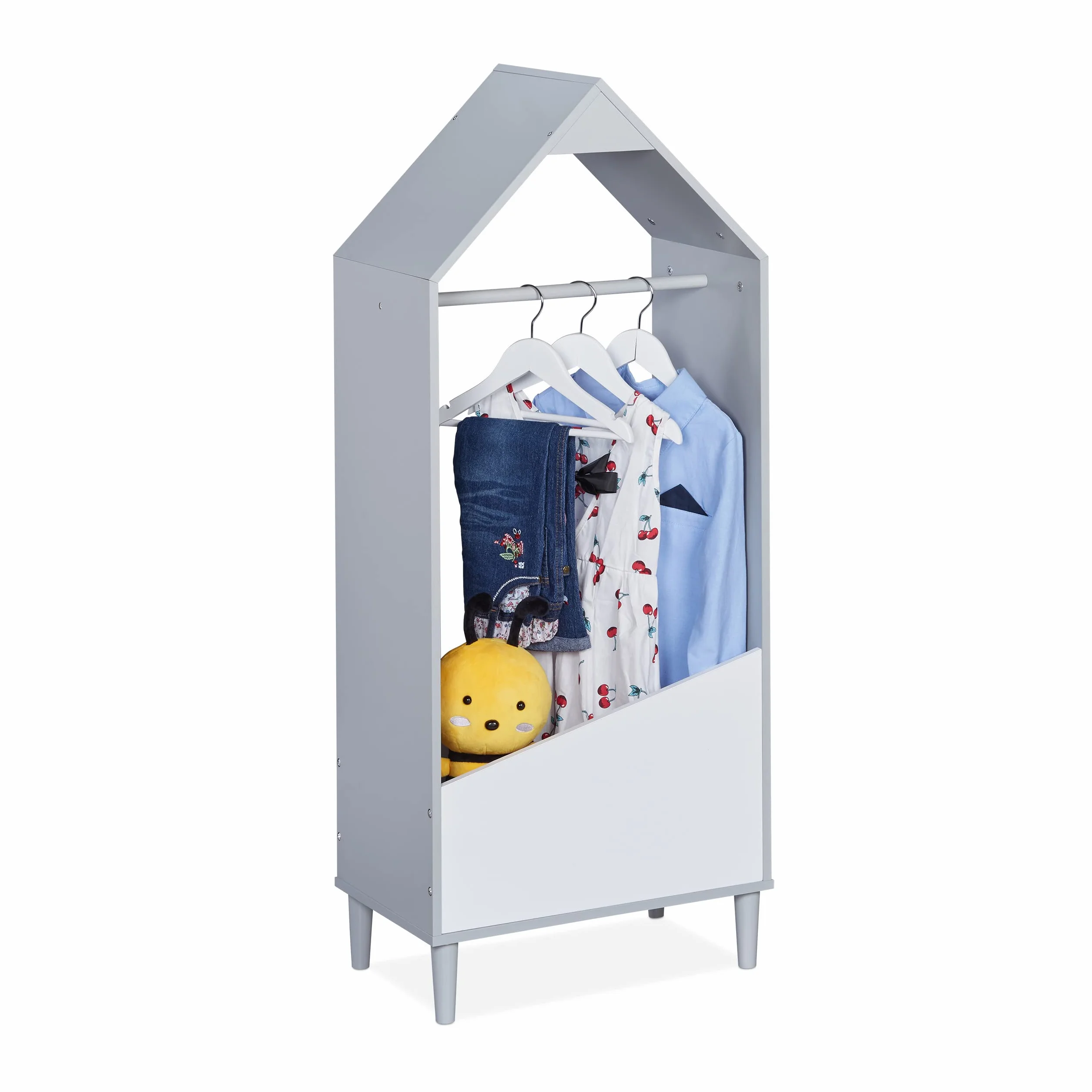 Relaxdays Appendiabiti per Bambini con Asta Attaccappanni e Ripiano 117x48x30 cm Grigio Bianco